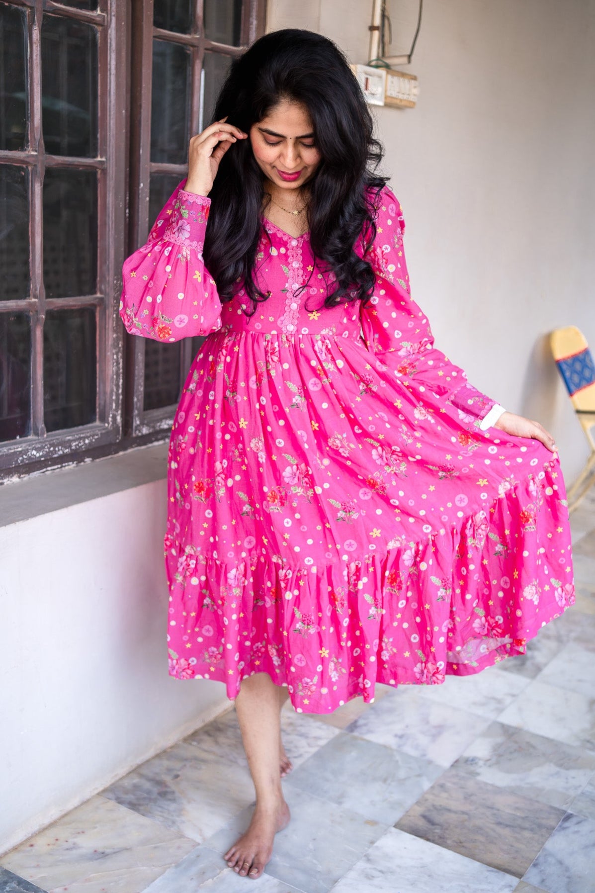 Tiny Floral theme pink WOMEN frock