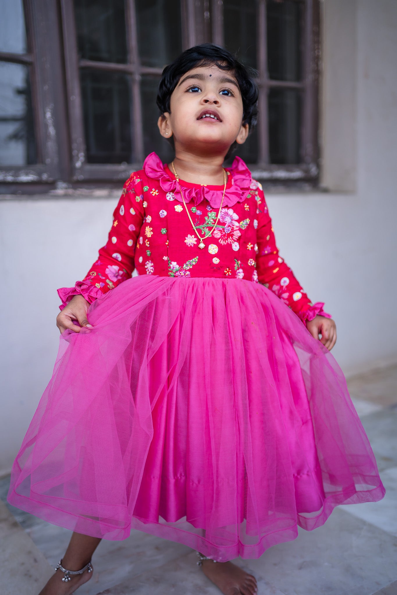 Birthday Floral theme Red and pink kids frock