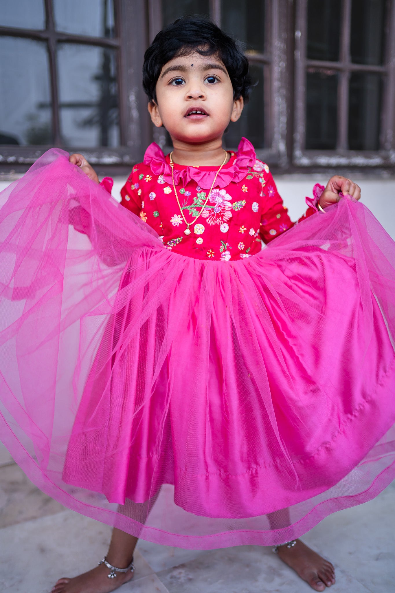 Birthday Floral theme Red and pink kids frock