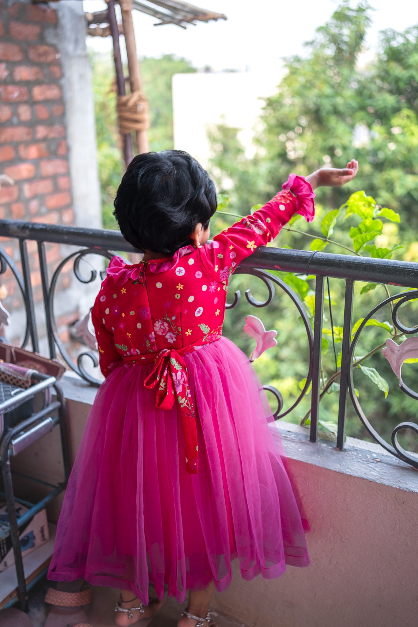 Birthday Floral theme Red and pink kids frock