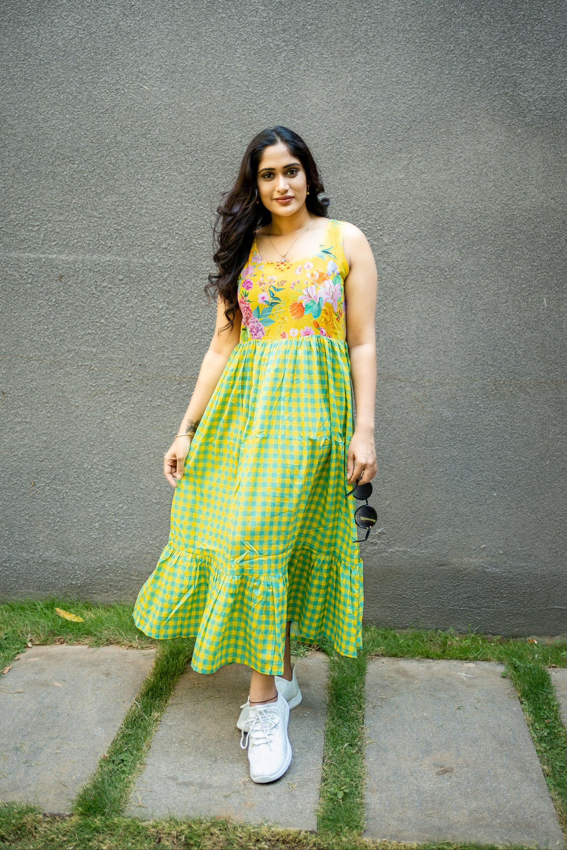 Bhavika Devarapalli, yellow cotton long dress , Floral print, Designer frocks, Best designer dress, top Indian Designer dresses, frocks, Best Designer collection, yellow cotton checks frock, yellow floral dress, black cotton printed Dress, checks dress, floral prints, cotton floral dress