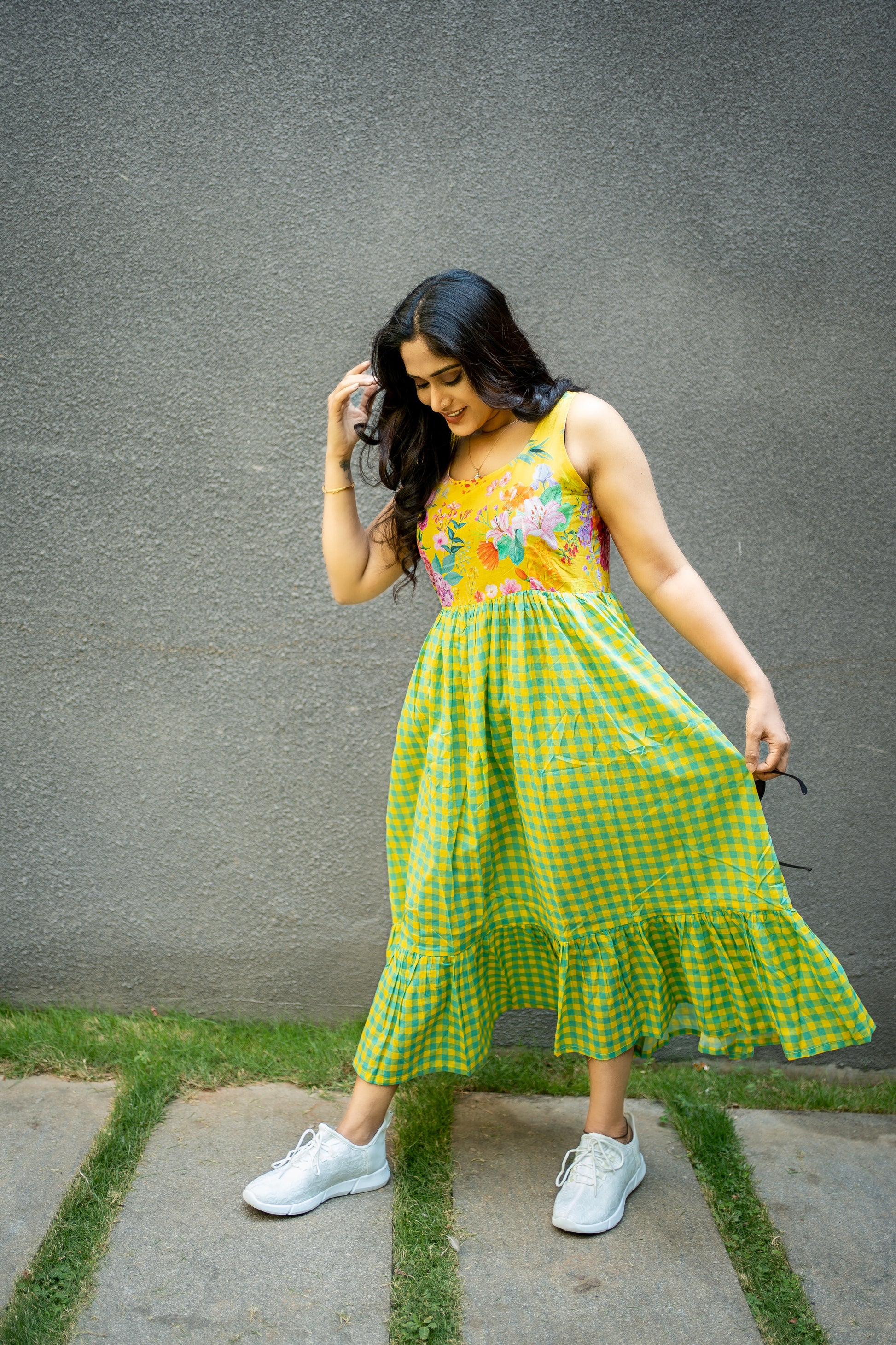 Bhavika Devarapalli, yellow cotton long dress , Floral print, Designer frocks, Best designer dress, top Indian Designer dresses, frocks, Best Designer collection, yellow cotton checks frock, yellow floral dress, black cotton printed Dress, checks dress, floral prints, cotton floral dress