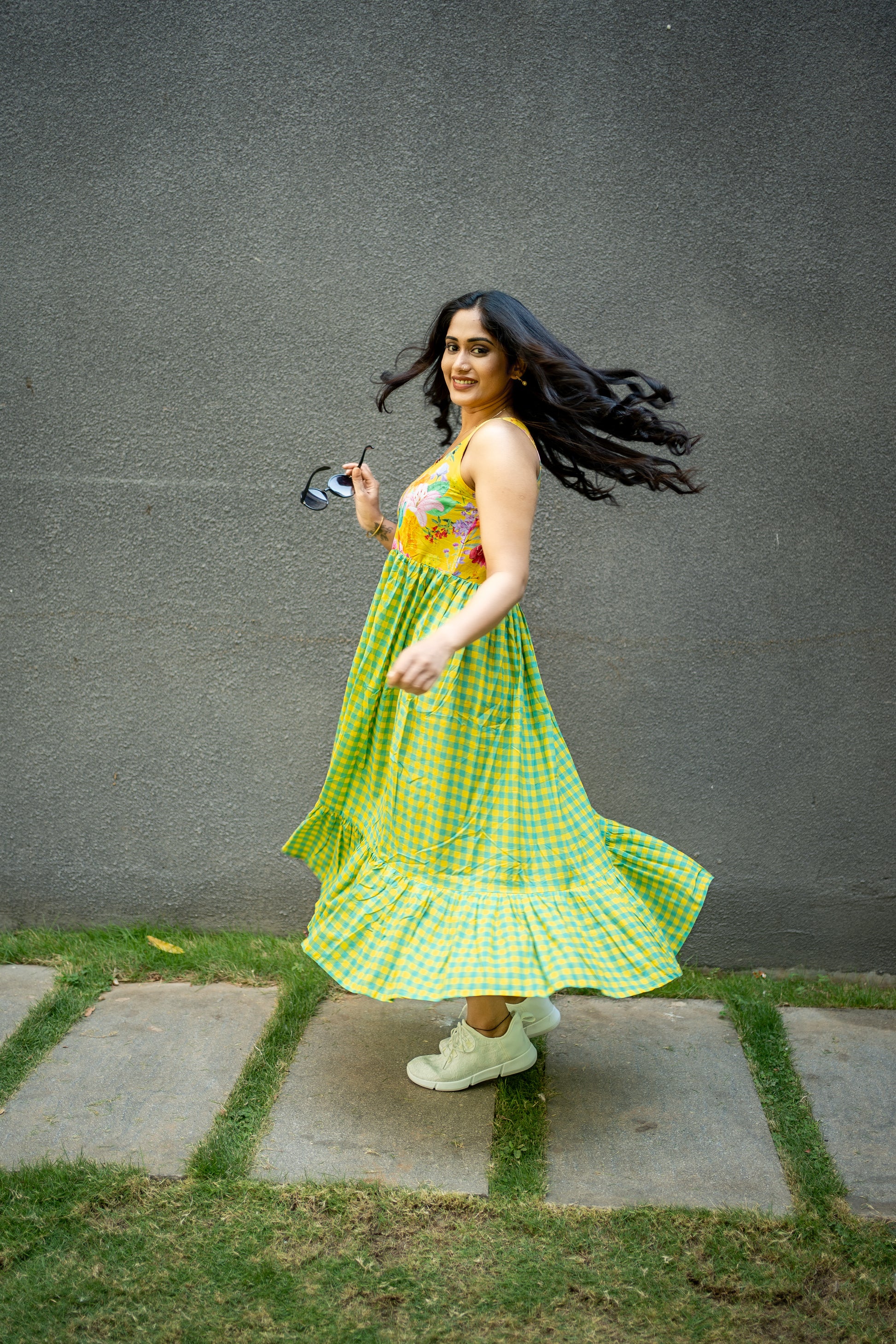 Bhavika Devarapalli, yellow cotton long dress , Floral print, Designer frocks, Best designer dress, top Indian Designer dresses, frocks, Best Designer collection, yellow cotton checks frock, yellow floral dress, black cotton printed Dress, checks dress, floral prints, cotton floral dress