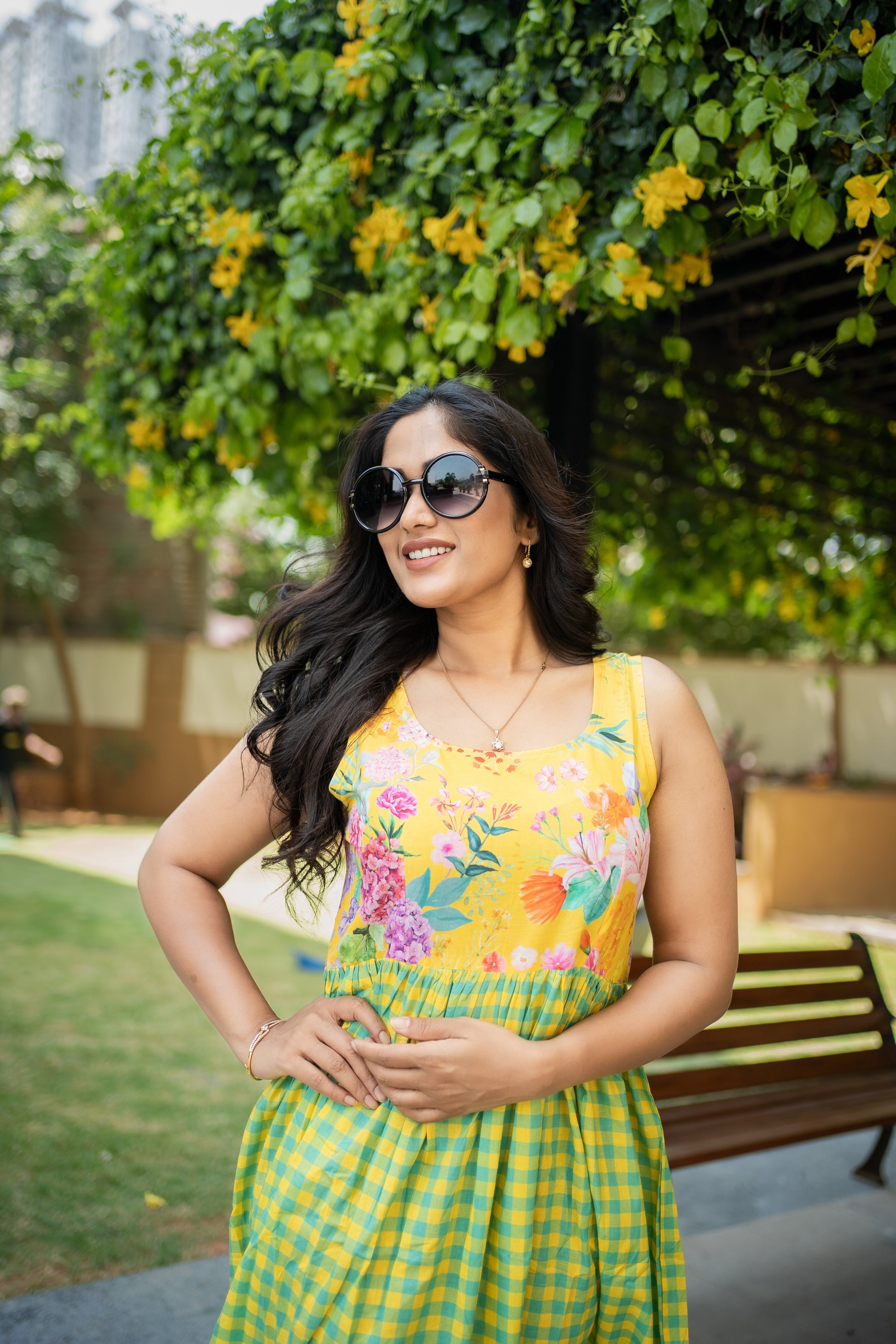 Bhavika Devarapalli, yellow cotton long dress , Floral print, Designer frocks, Best designer dress, top Indian Designer dresses, frocks, Best Designer collection, yellow cotton checks frock, yellow floral dress, black cotton printed Dress, checks dress, floral prints, cotton floral dress