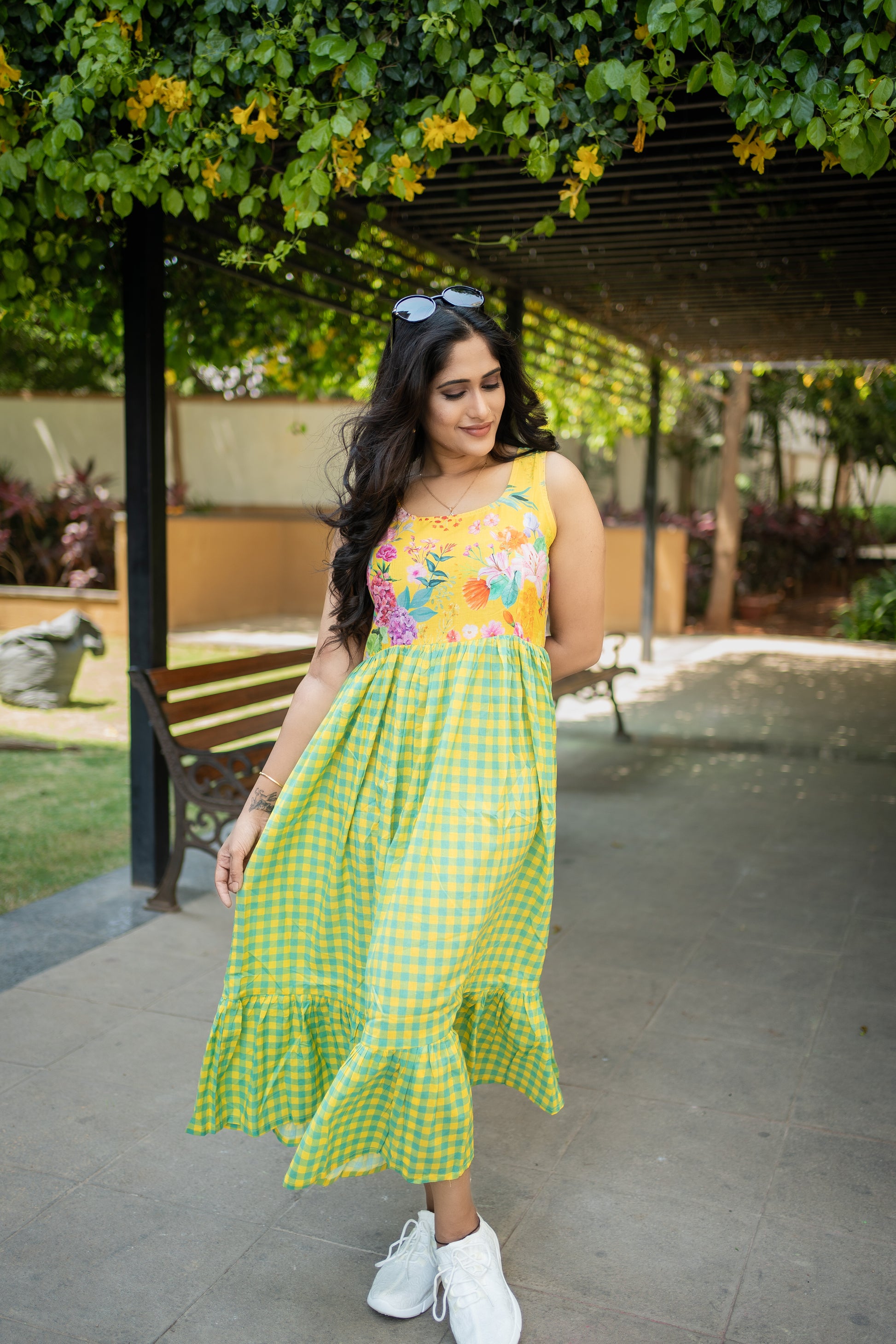 Bhavika Devarapalli, yellow cotton long dress , Floral print, Designer frocks, Best designer dress, top Indian Designer dresses, frocks, Best Designer collection, yellow cotton checks frock, yellow floral dress, black cotton printed Dress, checks dress, floral prints, cotton floral dress
