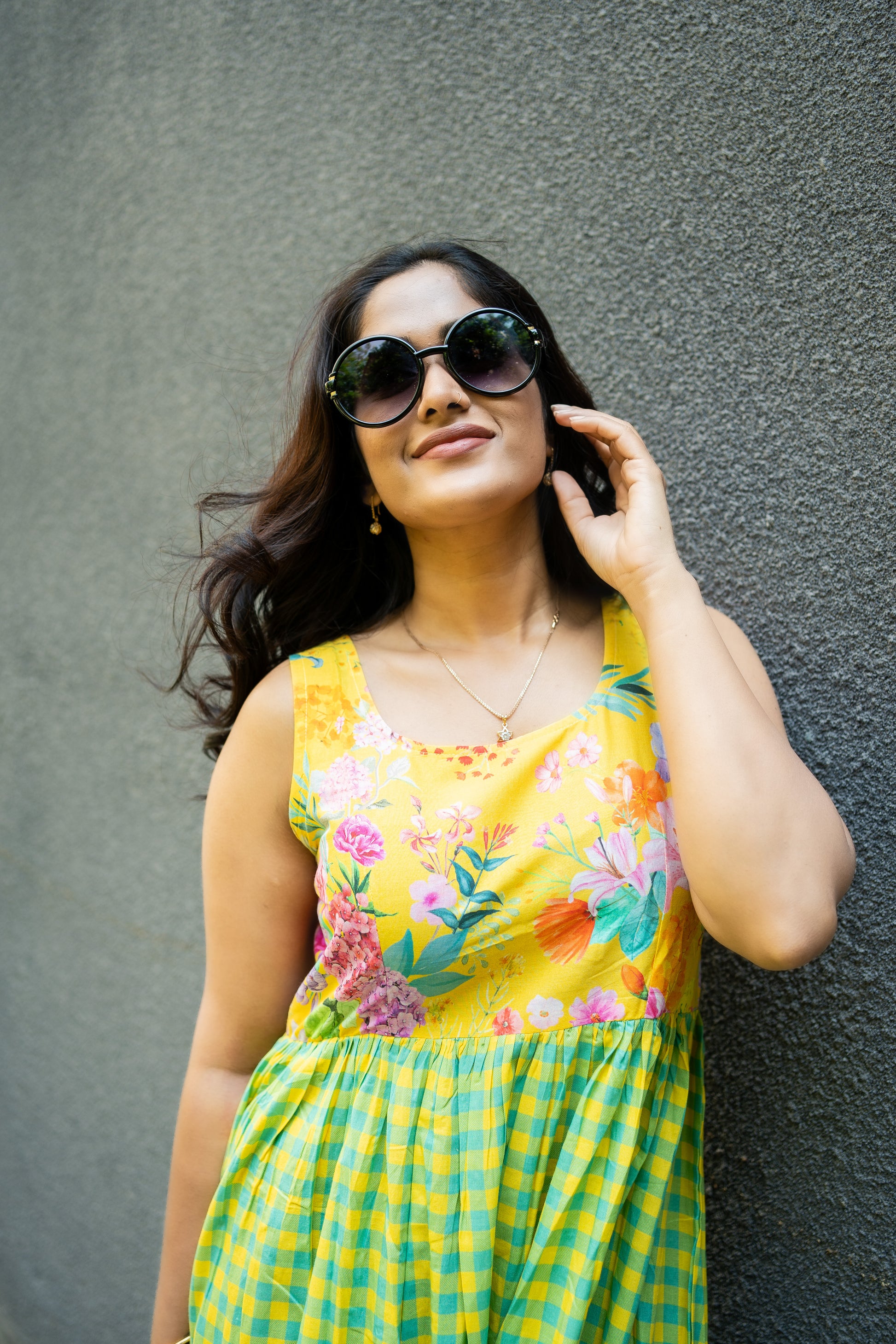 Bhavika Devarapalli, yellow cotton long dress , Floral print, Designer frocks, Best designer dress, top Indian Designer dresses, frocks, Best Designer collection, yellow cotton checks frock, yellow floral dress, black cotton printed Dress, checks dress, floral prints, cotton floral dress