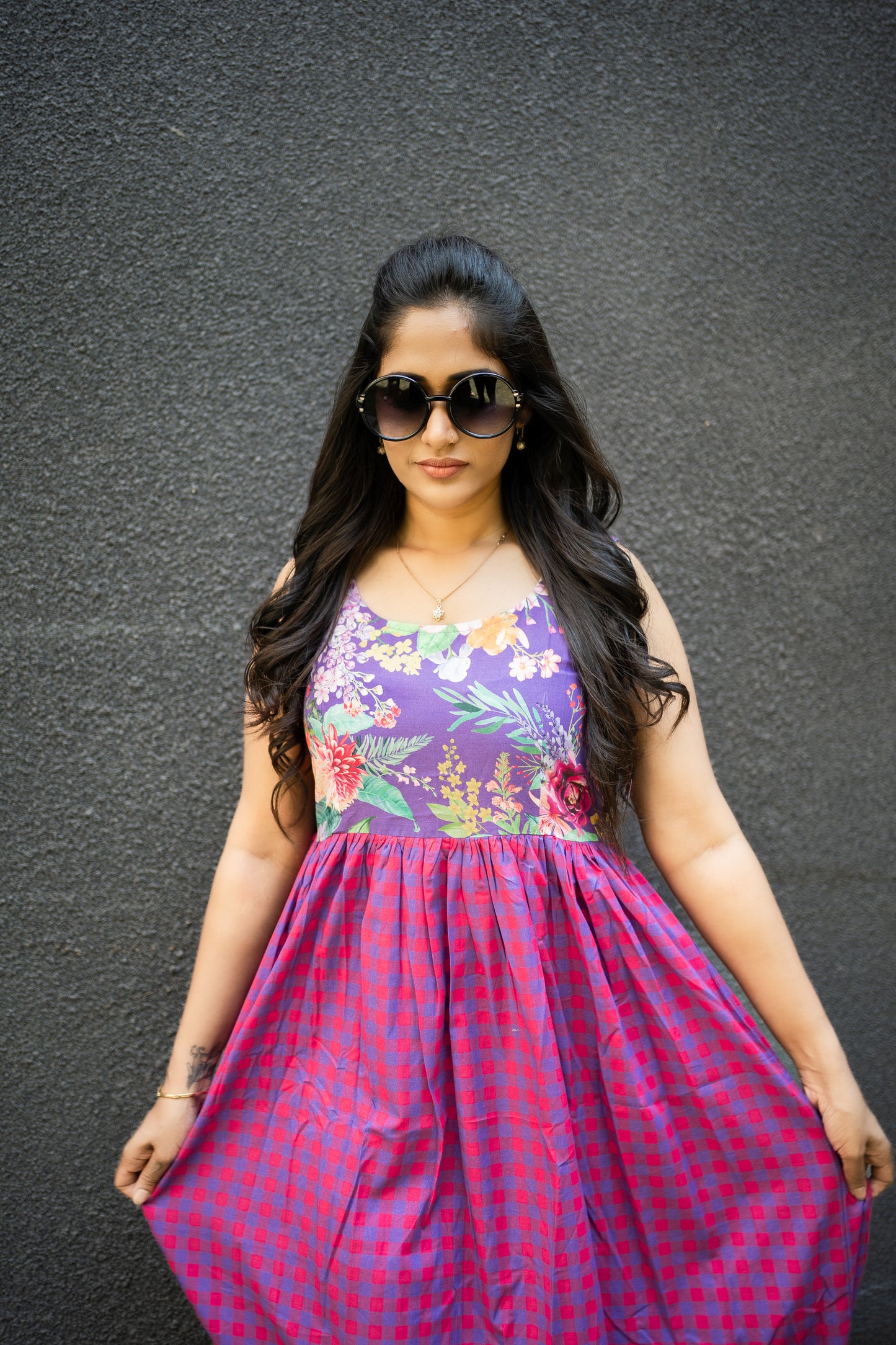 Bhavika Devarapalli, purple cotton long dress , Floral print, Designer frocks, Best designer dress, top Indian Designer dresses, frocks, Best Designer collection, purple and red cotton checks frock, purple floral dress, black cotton printed Dress, checks dress, floral prints, cotton floral dress