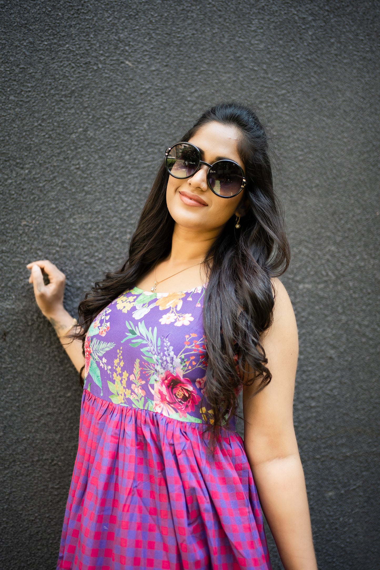 Bhavika Devarapalli, purple cotton long dress , Floral print, Designer frocks, Best designer dress, top Indian Designer dresses, frocks, Best Designer collection, purple and red cotton checks frock, purple floral dress, black cotton printed Dress, checks dress, floral prints, cotton floral dress