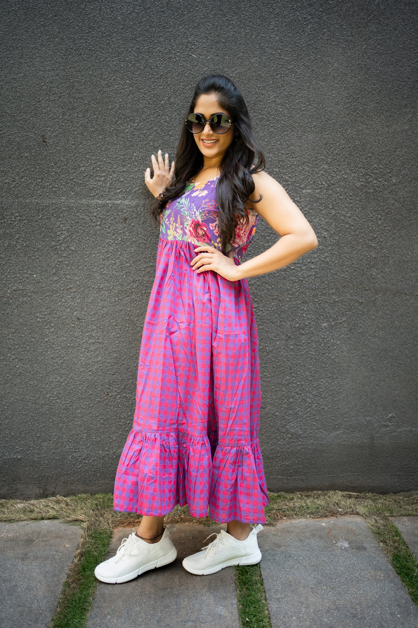 Bhavika Devarapalli, purple cotton long dress , Floral print, Designer frocks, Best designer dress, top Indian Designer dresses, frocks, Best Designer collection, purple and red cotton checks frock, purple floral dress, black cotton printed Dress, checks dress, floral prints, cotton floral dress