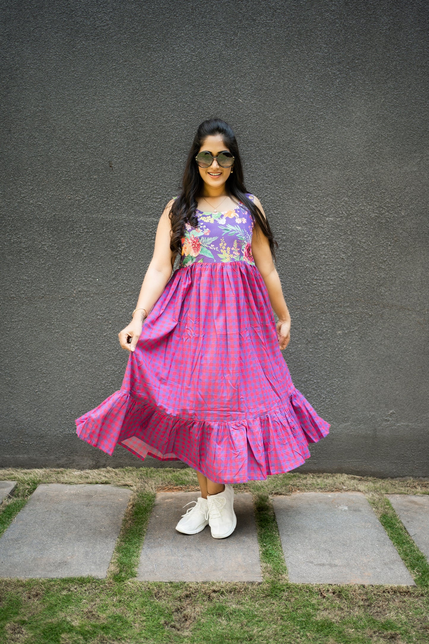 Bhavika Devarapalli, purple cotton long dress , Floral print, Designer frocks, Best designer dress, top Indian Designer dresses, frocks, Best Designer collection, purple and red cotton checks frock, purple floral dress, black cotton printed Dress, checks dress, floral prints, cotton floral dress