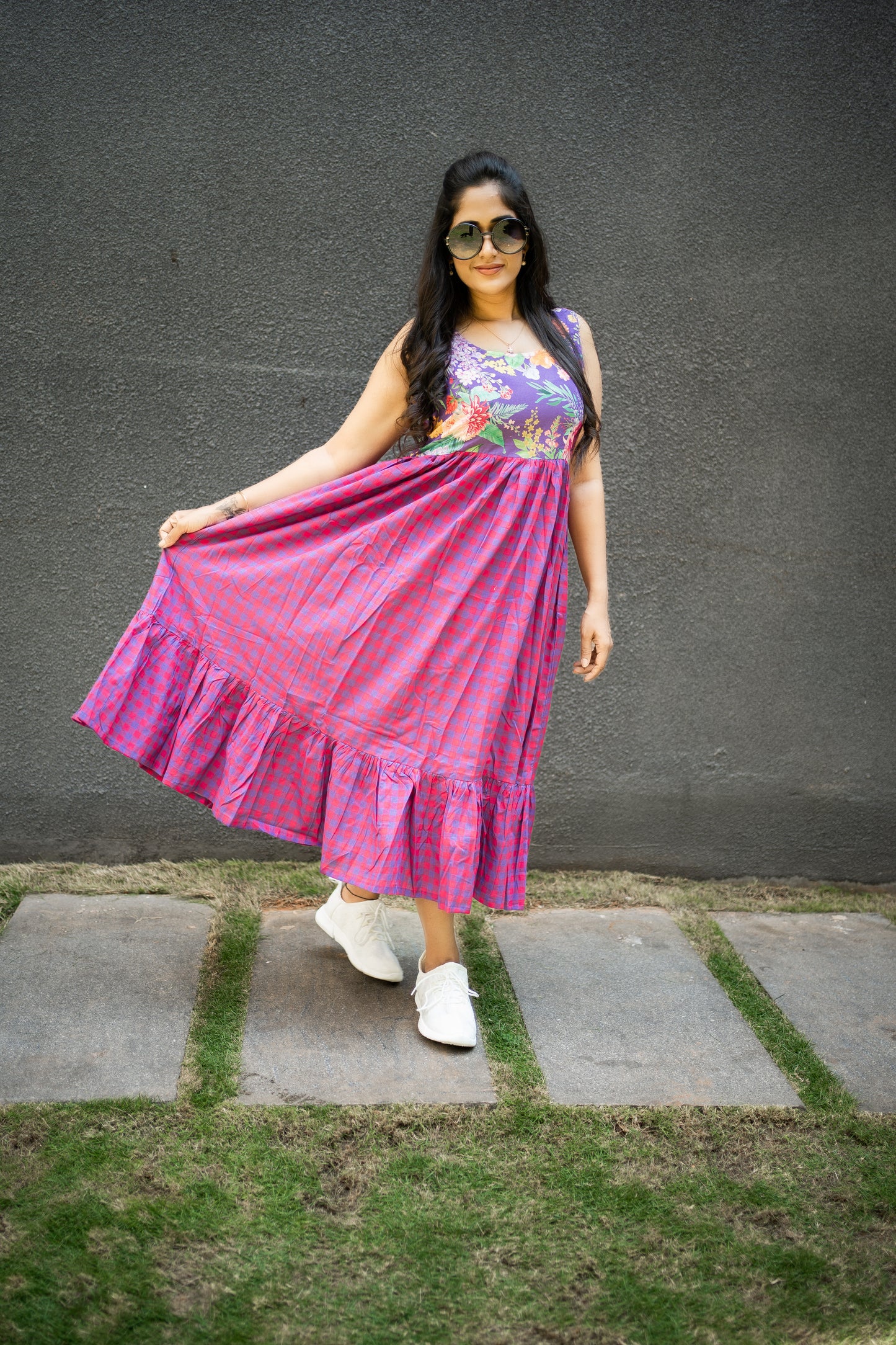 Bhavika Devarapalli, purple cotton long dress , Floral print, Designer frocks, Best designer dress, top Indian Designer dresses, frocks, Best Designer collection, purple and red cotton checks frock, purple floral dress, black cotton printed Dress, checks dress, floral prints, cotton floral dress