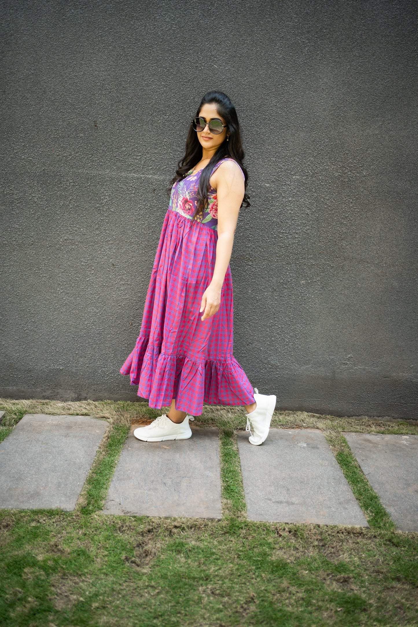Bhavika Devarapalli, purple cotton long dress , Floral print, Designer frocks, Best designer dress, top Indian Designer dresses, frocks, Best Designer collection, purple and red cotton checks frock, purple floral dress, black cotton printed Dress, checks dress, floral prints, cotton floral dress