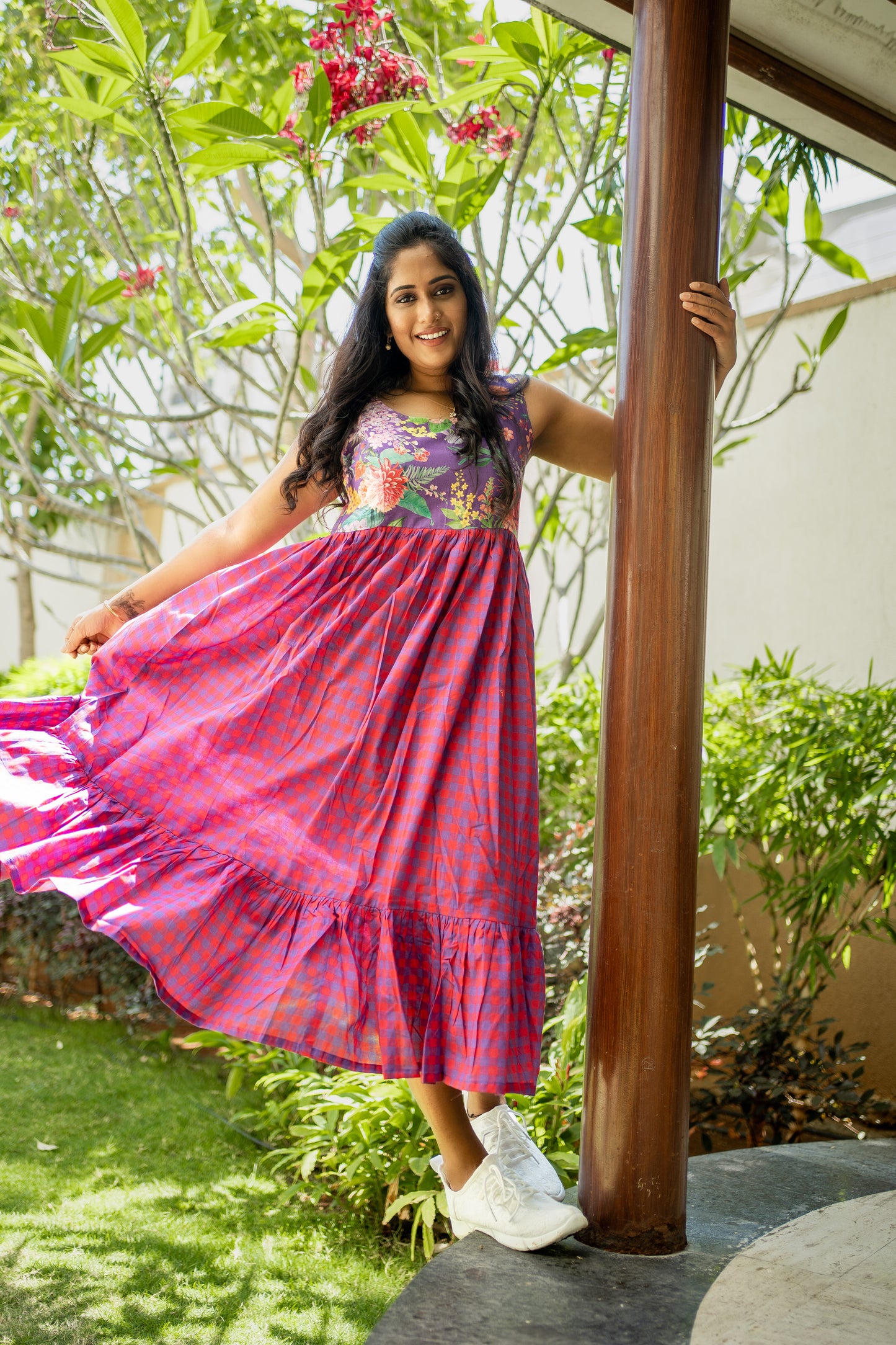 Bhavika Devarapalli, purple cotton long dress , Floral print, Designer frocks, Best designer dress, top Indian Designer dresses, frocks, Best Designer collection, purple and red cotton checks frock, purple floral dress, black cotton printed Dress, checks dress, floral prints, cotton floral dress