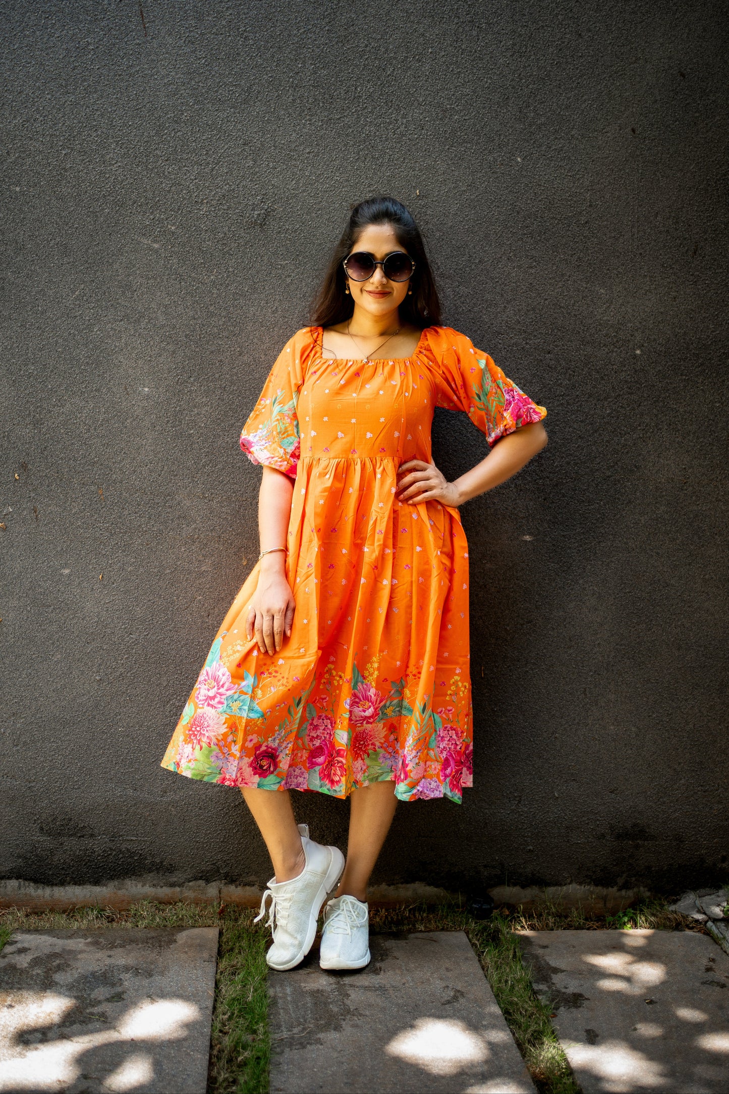 Bhavika Devarapalli, orange cotton dress , Floral print, Designer frocks, Best designer dress, top Indian Designer dresses, frocks, Best Designer collection, Orange floral dress, black cotton printed Dress, cotton dress, floral prints, cotton floral dress