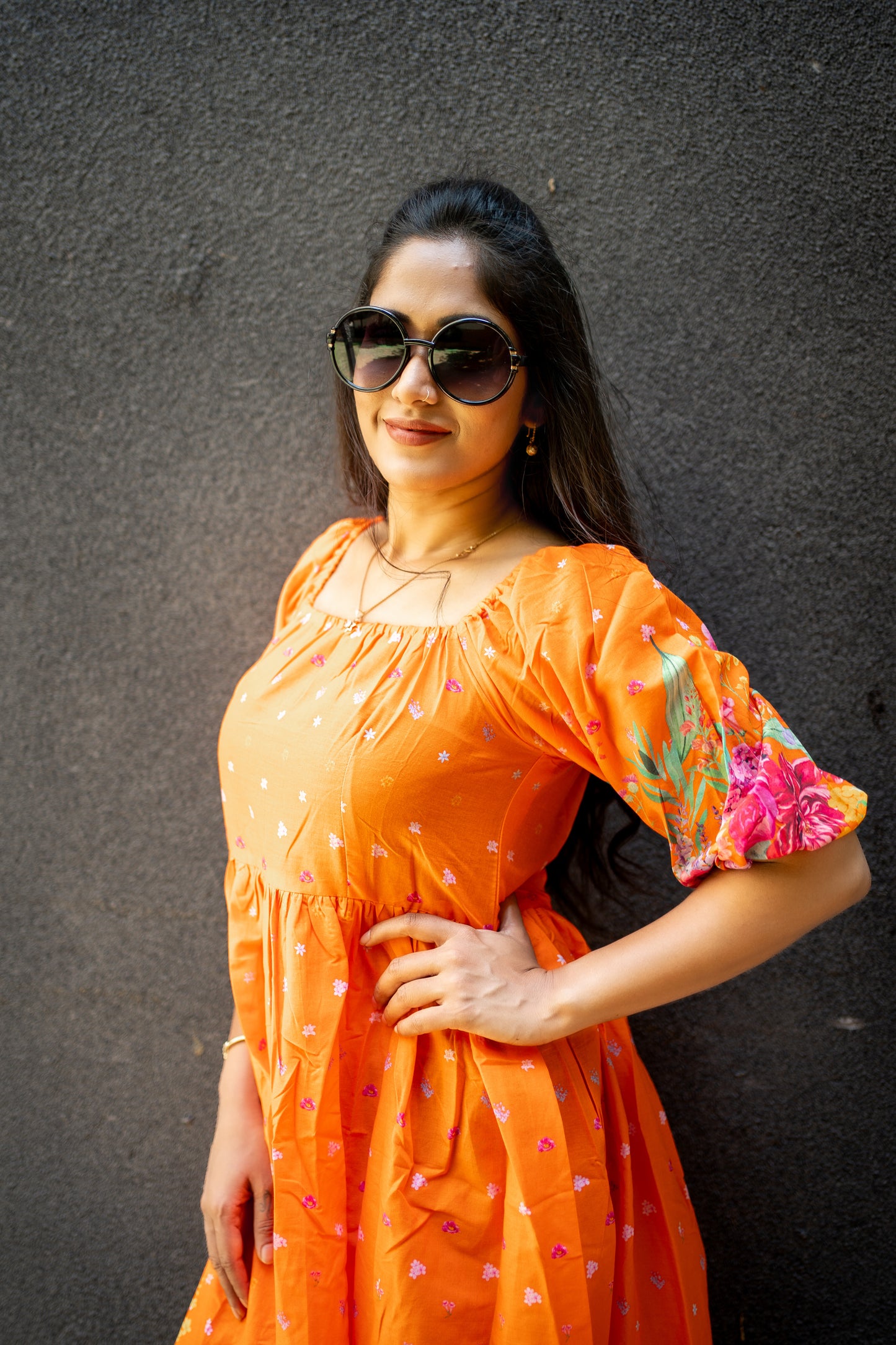Bhavika Devarapalli, orange cotton dress , Floral print, Designer frocks, Best designer dress, top Indian Designer dresses, frocks, Best Designer collection, Orange floral dress, black cotton printed Dress, cotton dress, floral prints, cotton floral dress