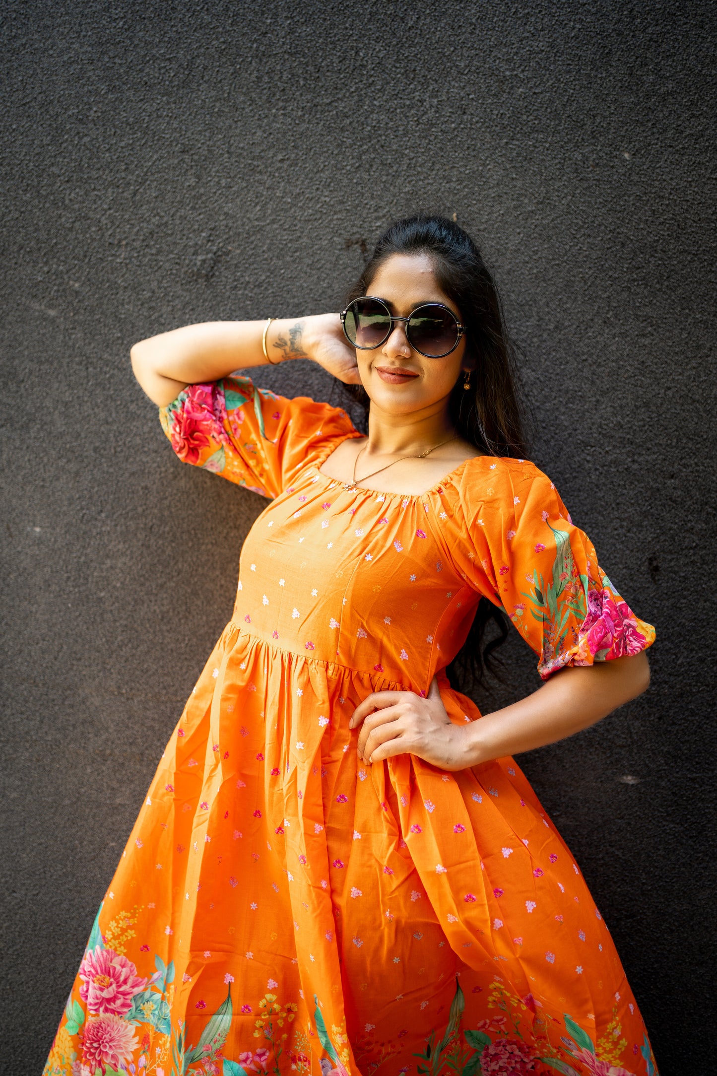 Bhavika Devarapalli, orange cotton dress , Floral print, Designer frocks, Best designer dress, top Indian Designer dresses, frocks, Best Designer collection, Orange floral dress, black cotton printed Dress, cotton dress, floral prints, cotton floral dress