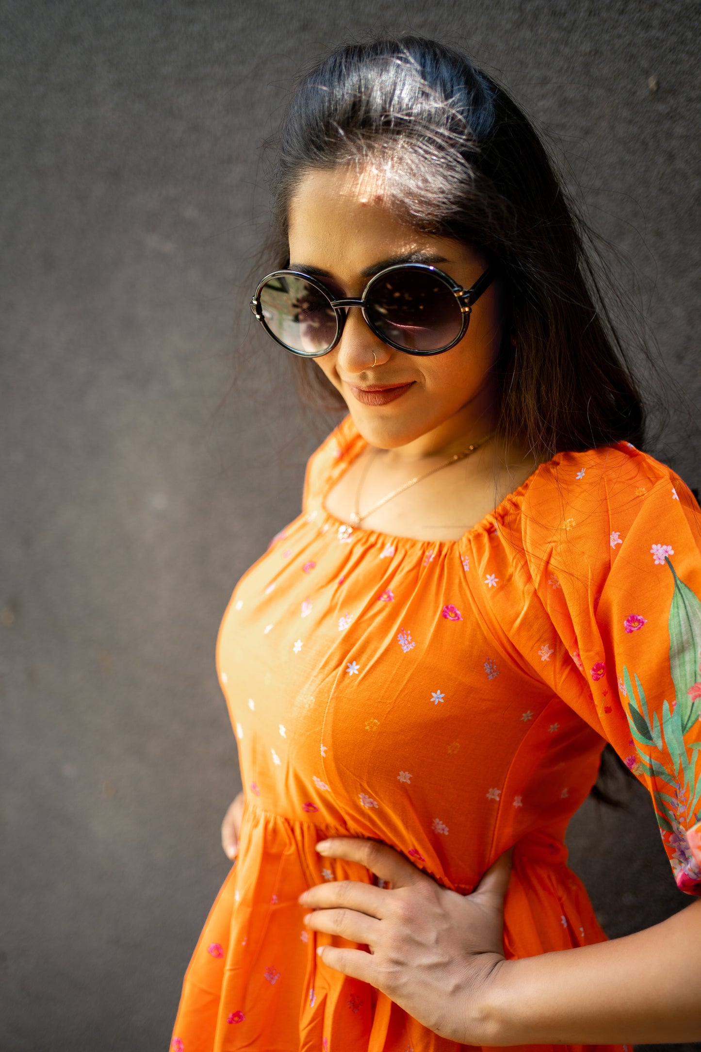 Bhavika Devarapalli, orange cotton dress , Floral print, Designer frocks, Best designer dress, top Indian Designer dresses, frocks, Best Designer collection, Orange floral dress, black cotton printed Dress, cotton dress, floral prints, cotton floral dress
