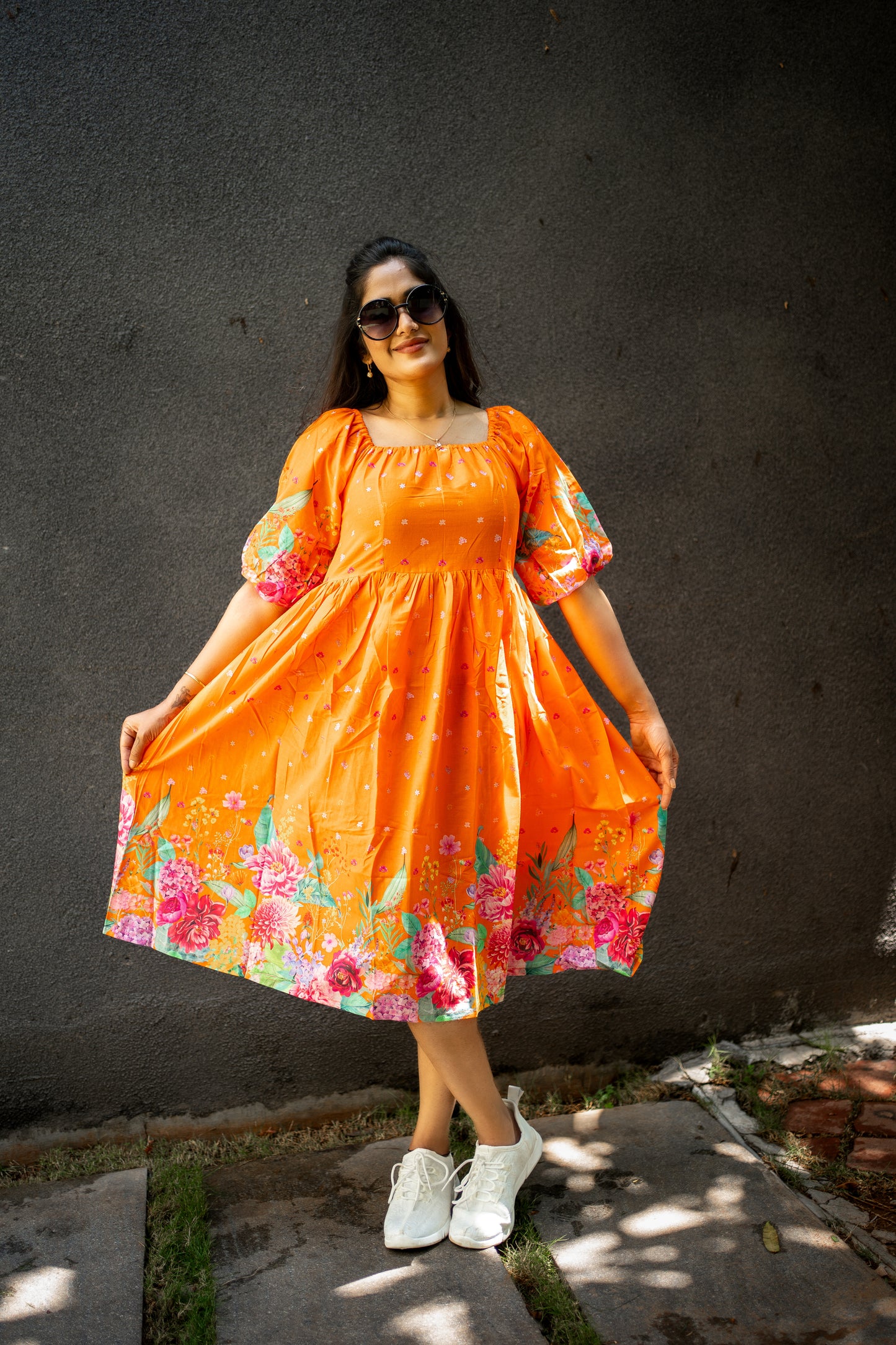 Bhavika Devarapalli, orange cotton dress , Floral print, Designer frocks, Best designer dress, top Indian Designer dresses, frocks, Best Designer collection, Orange floral dress, black cotton printed Dress, cotton dress, floral prints, cotton floral dress