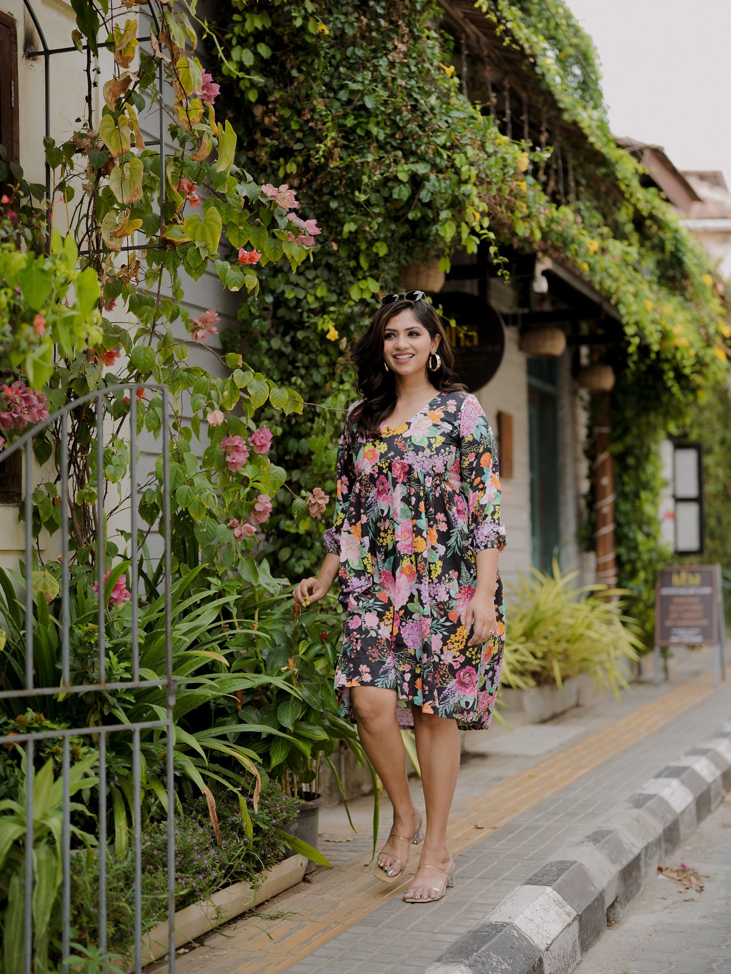 Bhavika Devarapalli mid length dress , Floral print, Designer frocks, Best designer dress, black mid length dress, top Indian Designer dresses, frocks, Indian casual wea, Best Designer collection, black cotton frock, black floral dress, black cotton printed Dress, black dress, floral prints,cotton floral dress