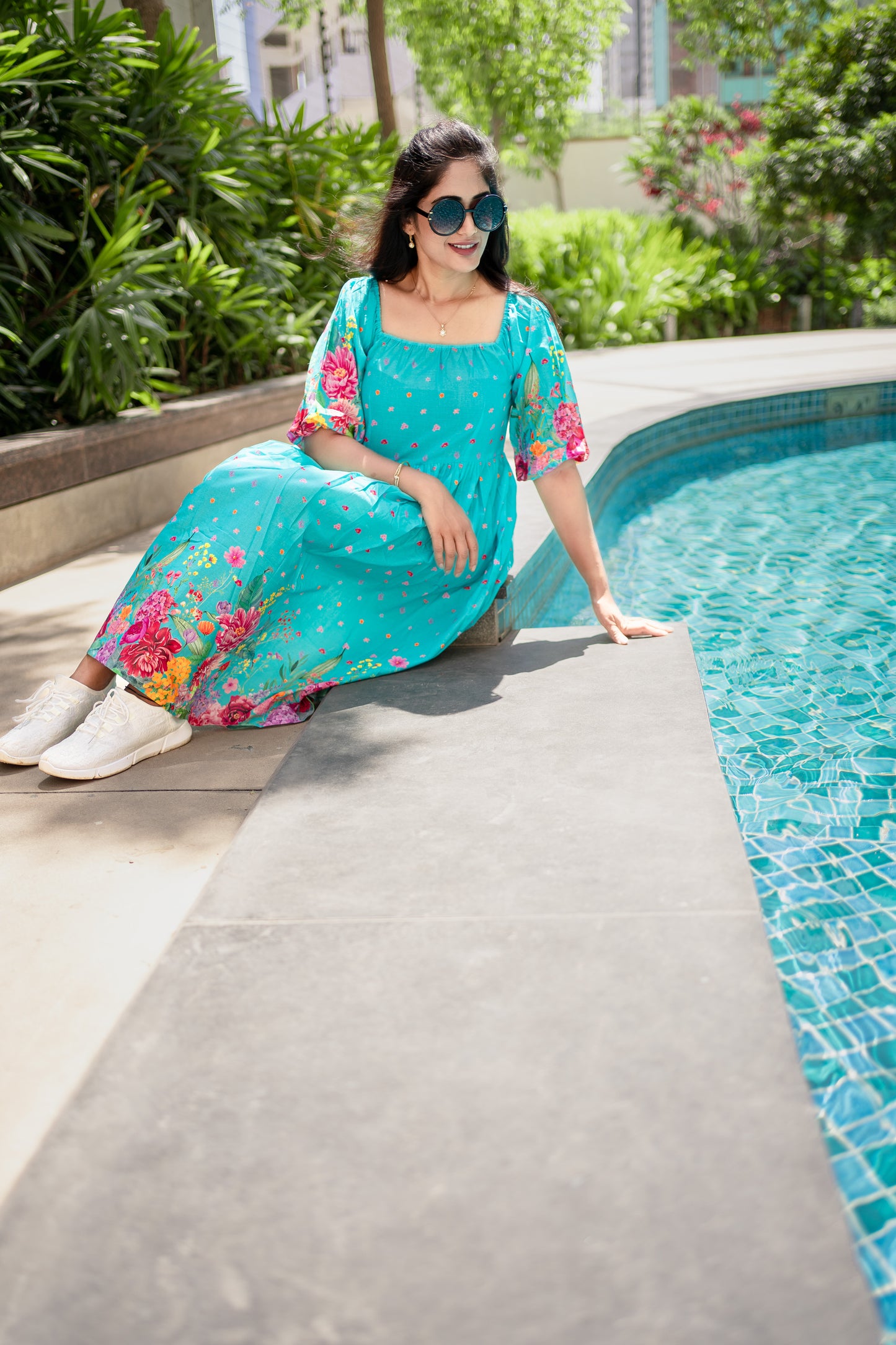 Bhavika Devarapalli, light blue cotton dress , Floral print, Designer frocks, Best designer dress, top Indian Designer dresses, frocks, Best Designer collection, sky blue floral dress, black cotton printed Dress, cotton dress, floral prints, cotton floral dress