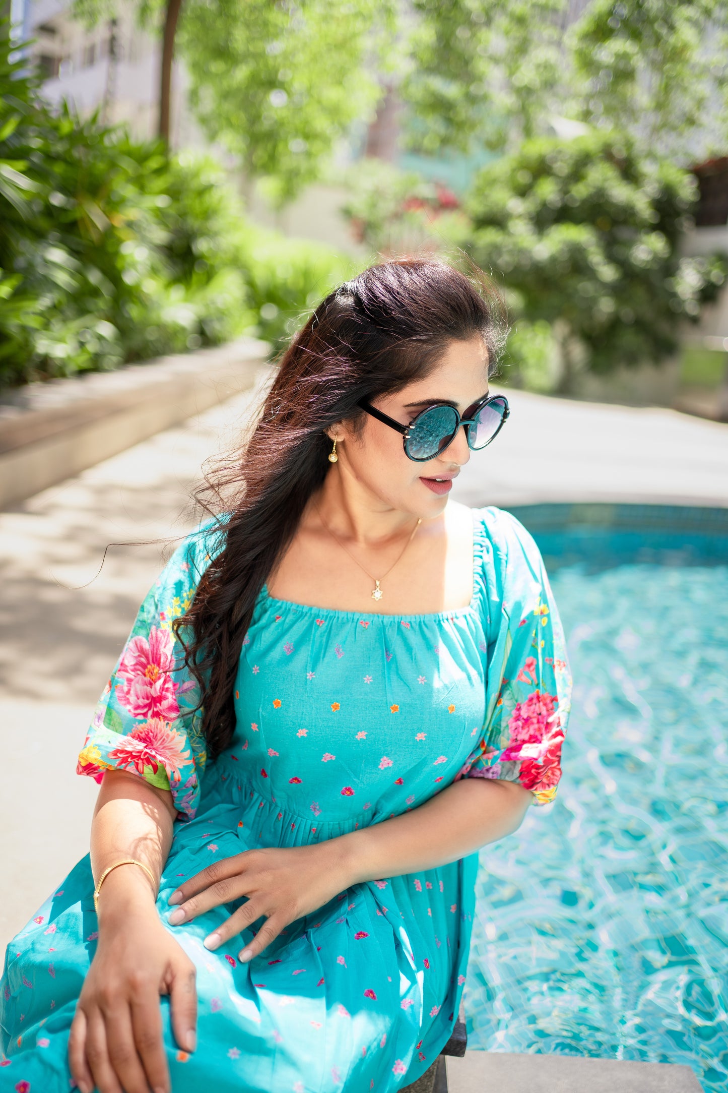 Bhavika Devarapalli, light blue cotton dress , Floral print, Designer frocks, Best designer dress, top Indian Designer dresses, frocks, Best Designer collection, sky blue floral dress, black cotton printed Dress, cotton dress, floral prints, cotton floral dress
