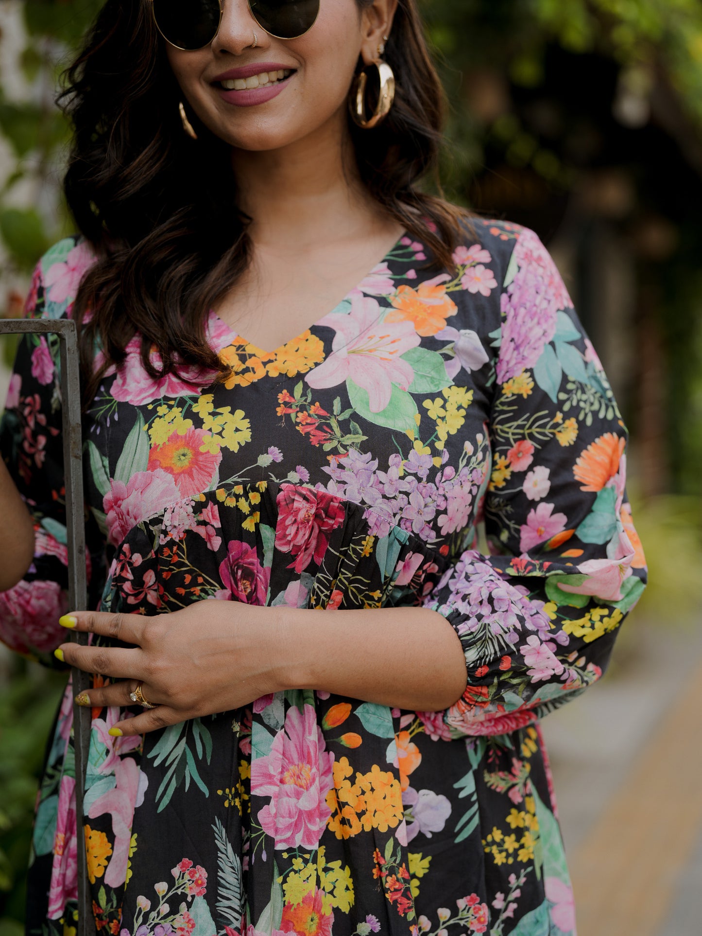 Bhavika Devarapalli mid length dress , Floral print, Designer frocks, Best designer dress, black mid length dress, top Indian Designer dresses, frocks, Indian casual wea, Best Designer collection, black cotton frock, black floral dress, black cotton printed Dress, black dress, floral prints,cotton floral dress