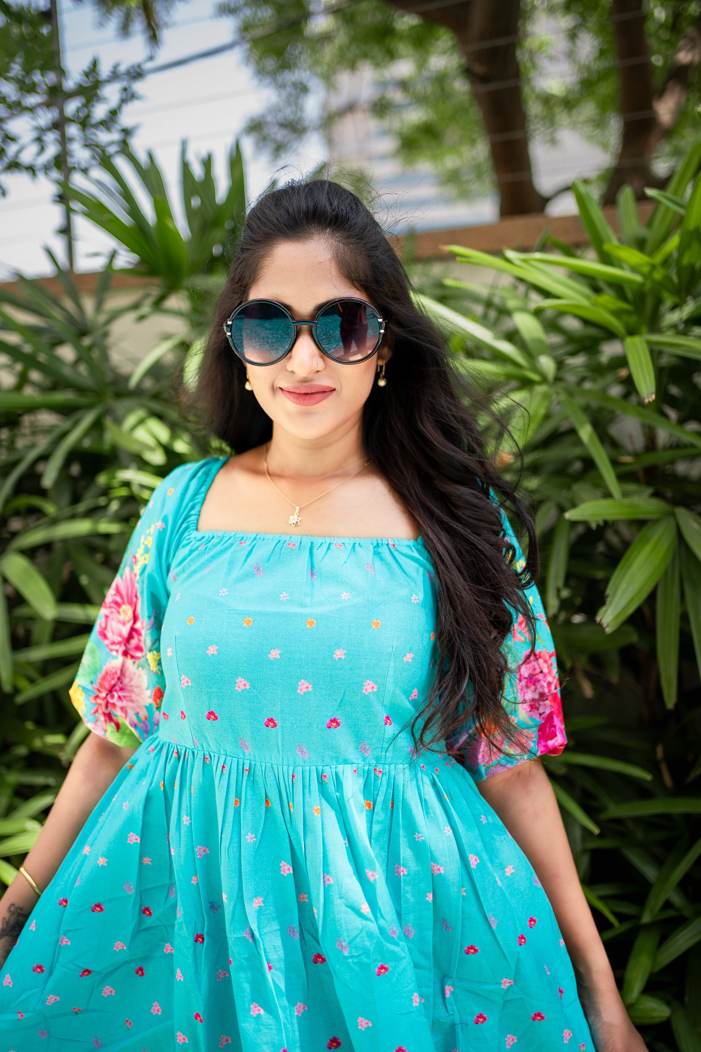 Bhavika Devarapalli, light blue cotton dress , Floral print, Designer frocks, Best designer dress, top Indian Designer dresses, frocks, Best Designer collection, sky blue floral dress, black cotton printed Dress, cotton dress, floral prints, cotton floral dress