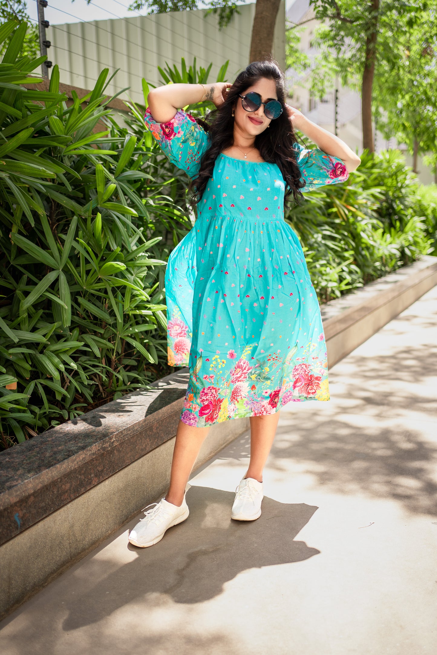 Bhavika Devarapalli, light blue cotton dress , Floral print, Designer frocks, Best designer dress, top Indian Designer dresses, frocks, Best Designer collection, sky blue floral dress, black cotton printed Dress, cotton dress, floral prints, cotton floral dress