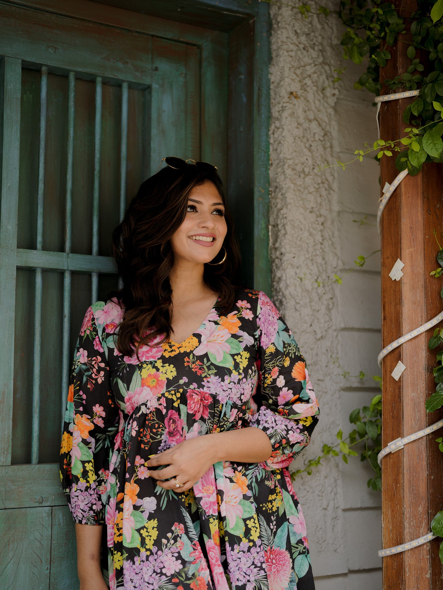 Bhavika Devarapalli mid length dress , Floral print, Designer frocks, Best designer dress, black mid length dress, top Indian Designer dresses, frocks, Indian casual wea, Best Designer collection, black cotton frock, black floral dress, black cotton printed Dress, black dress, floral prints,cotton floral dress
