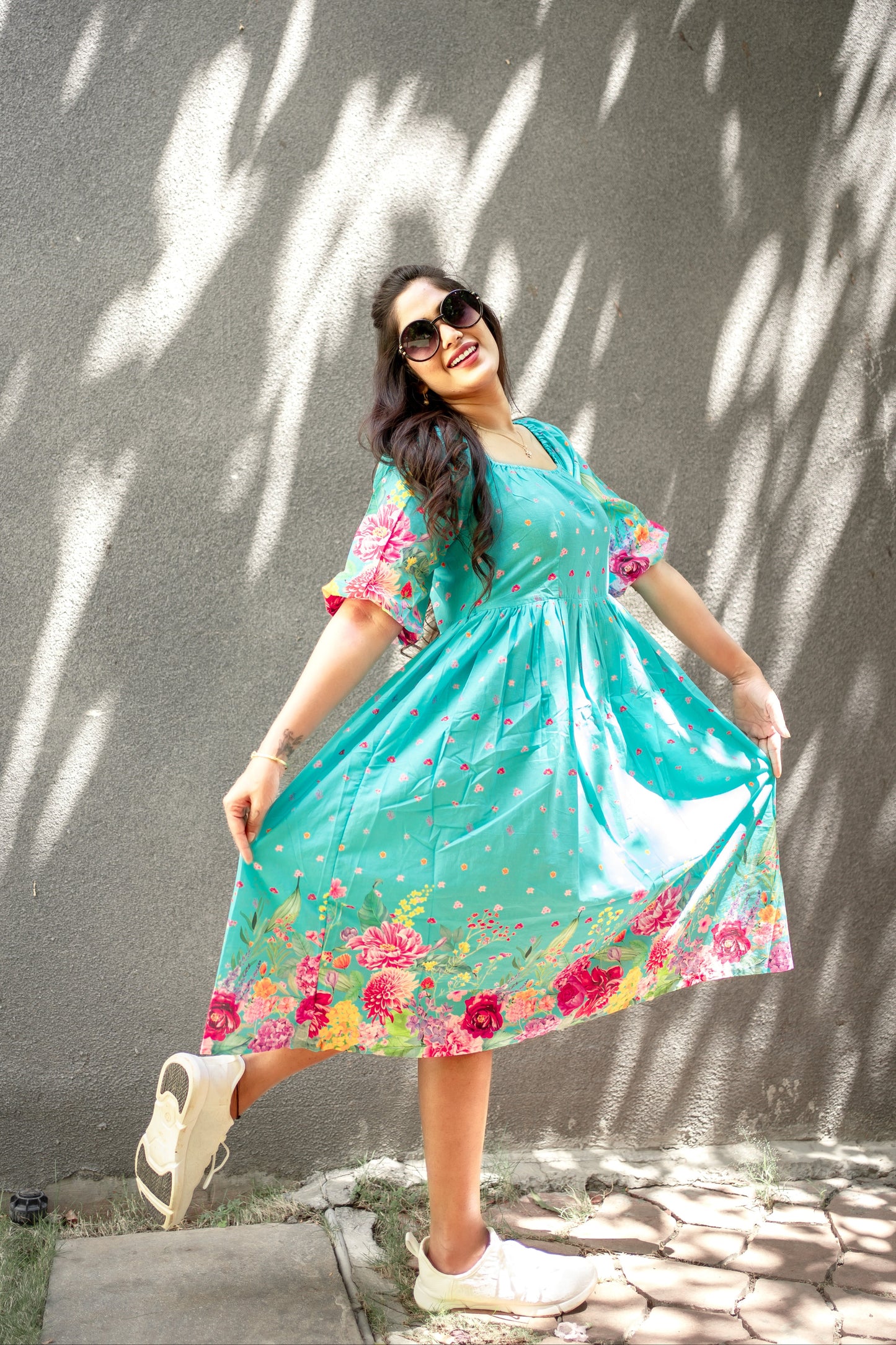 Bhavika Devarapalli, light blue cotton dress , Floral print, Designer frocks, Best designer dress, top Indian Designer dresses, frocks, Best Designer collection, sky blue floral dress, black cotton printed Dress, cotton dress, floral prints, cotton floral dress