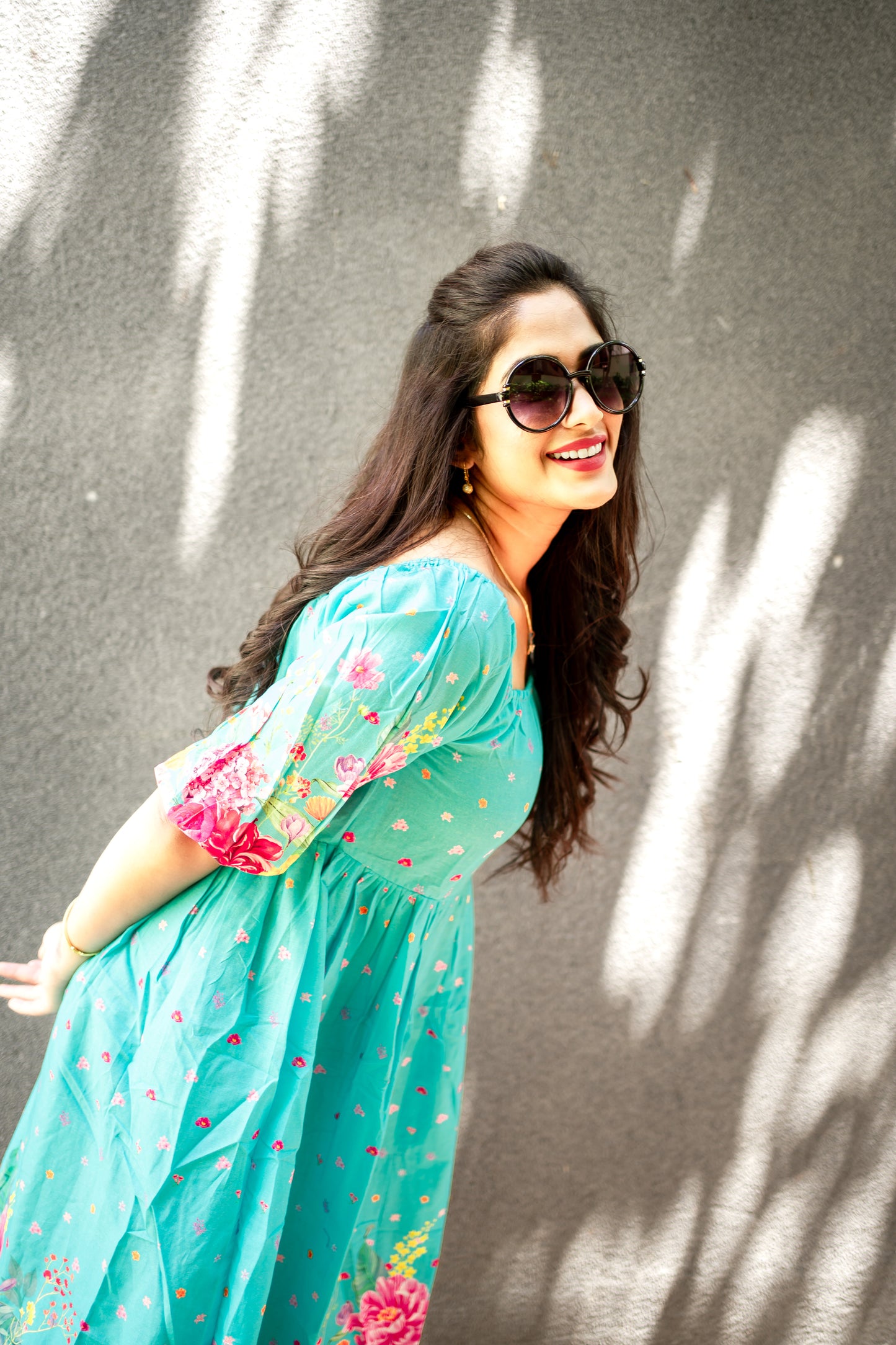 Bhavika Devarapalli, light blue cotton dress , Floral print, Designer frocks, Best designer dress, top Indian Designer dresses, frocks, Best Designer collection, sky blue floral dress, black cotton printed Dress, cotton dress, floral prints, cotton floral dress