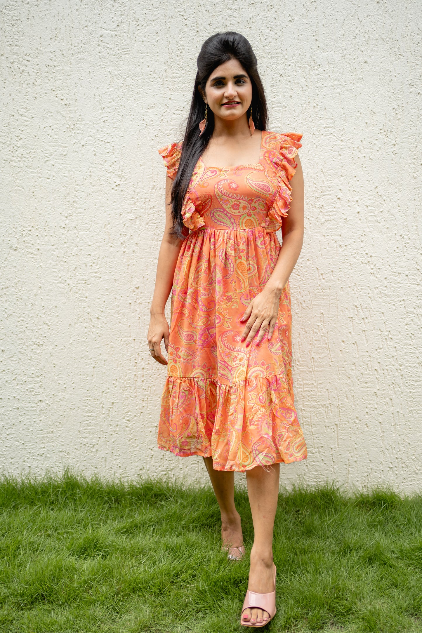 Bhavika Devarapalli mid length dress , Floral print, Designer frocks, Best designer dress, peach mid length dress, top Indian Designer dresses, frocks, Indian Occasional & partywear wear, Best Designer collection, peach frock