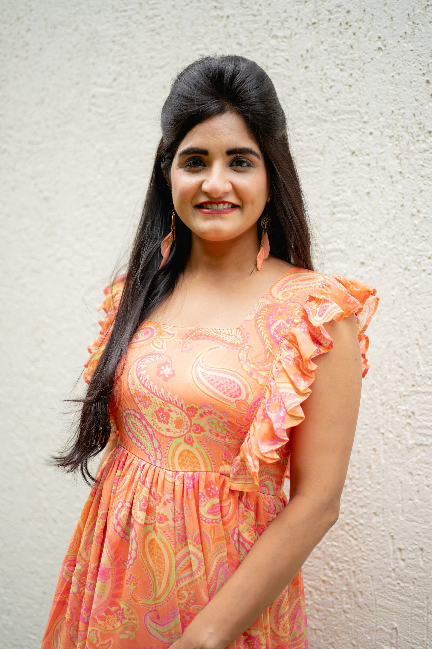 Bhavika Devarapalli mid length dress , Floral print, Designer frocks, Best designer dress, peach mid length dress, top Indian Designer dresses, frocks, Indian Occasional & partywear wear, Best Designer collection, peach frock