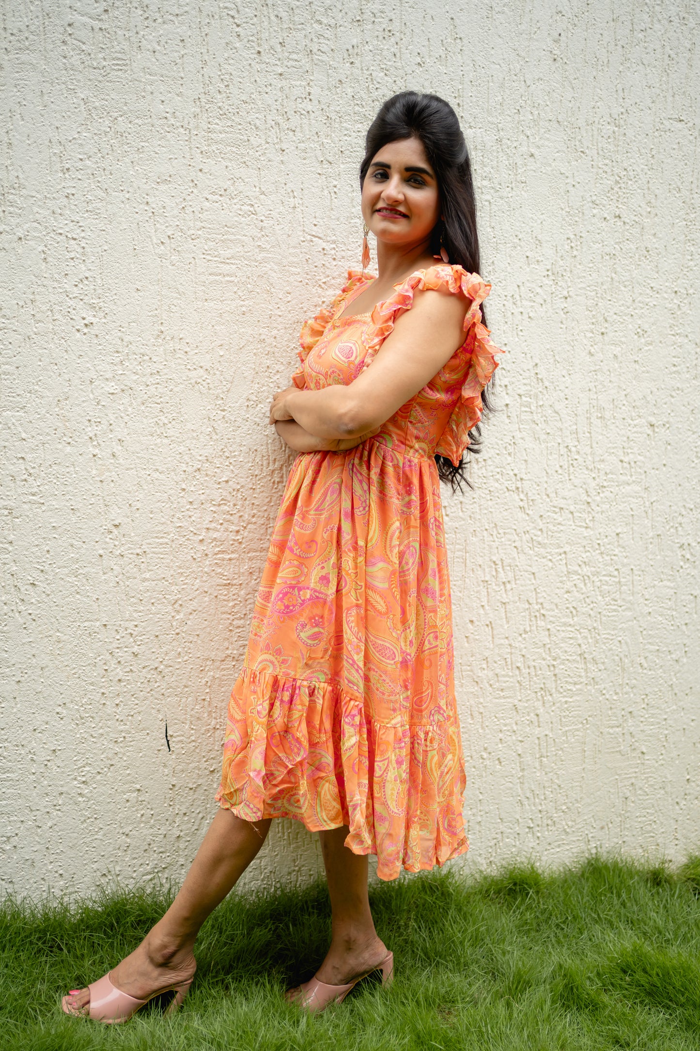Bhavika Devarapalli mid length dress , Floral print, Designer frocks, Best designer dress, peach mid length dress, top Indian Designer dresses, frocks, Indian Occasional & partywear wear, Best Designer collection, peach frock