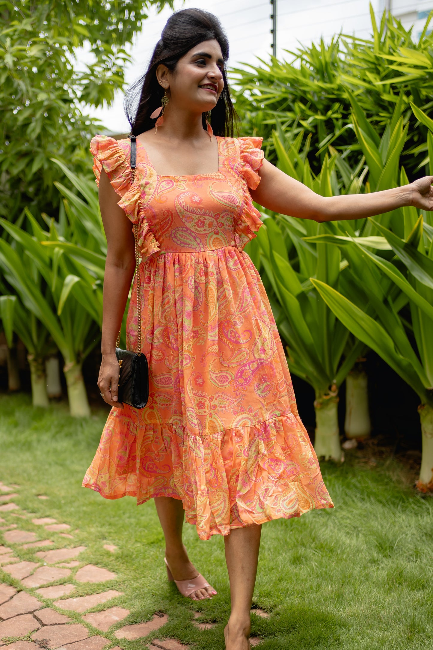 Bhavika Devarapalli mid length dress , Floral print, Designer frocks, Best designer dress, peach mid length dress, top Indian Designer dresses, frocks, Indian Occasional & partywear wear, Best Designer collection, peach frock