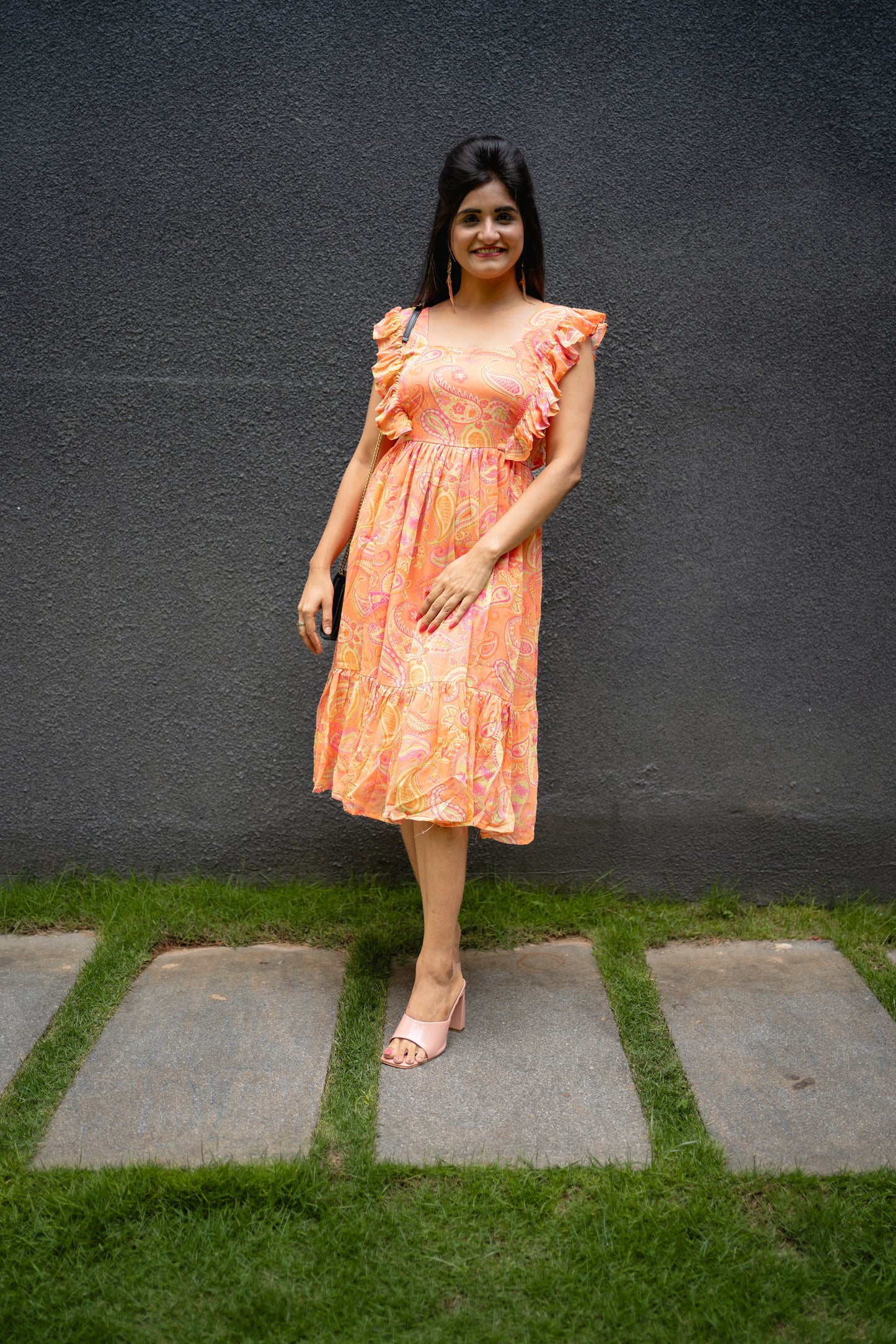 Bhavika Devarapalli mid length dress , Floral print, Designer frocks, Best designer dress, peach mid length dress, top Indian Designer dresses, frocks, Indian Occasional & partywear wear, Best Designer collection, peach frock