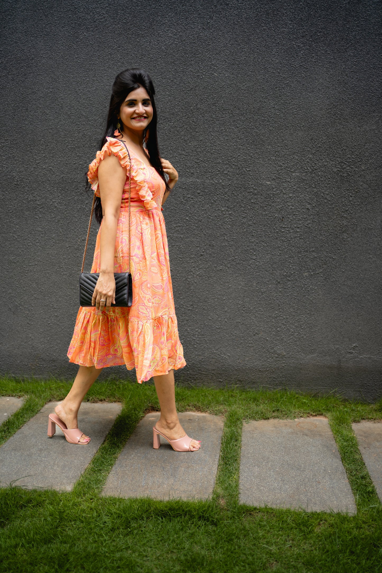 Bhavika Devarapalli mid length dress , Floral print, Designer frocks, Best designer dress, peach mid length dress, top Indian Designer dresses, frocks, Indian Occasional & partywear wear, Best Designer collection, peach frock