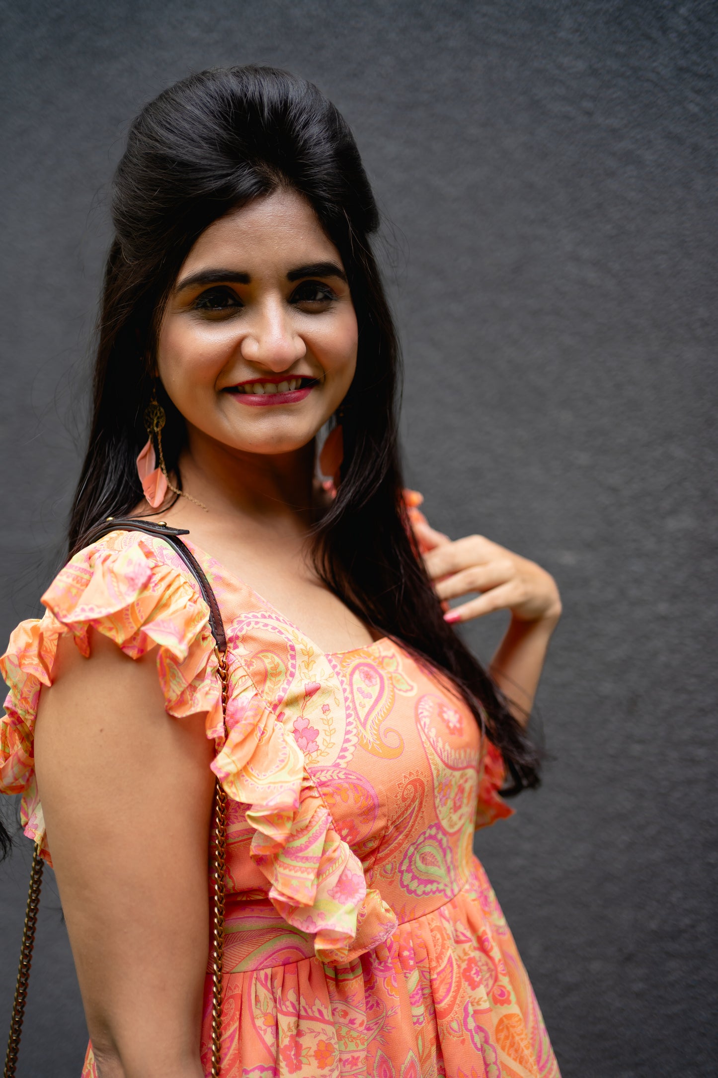 Bhavika Devarapalli mid length dress , Floral print, Designer frocks, Best designer dress, peach mid length dress, top Indian Designer dresses, frocks, Indian Occasional & partywear wear, Best Designer collection, peach frock
