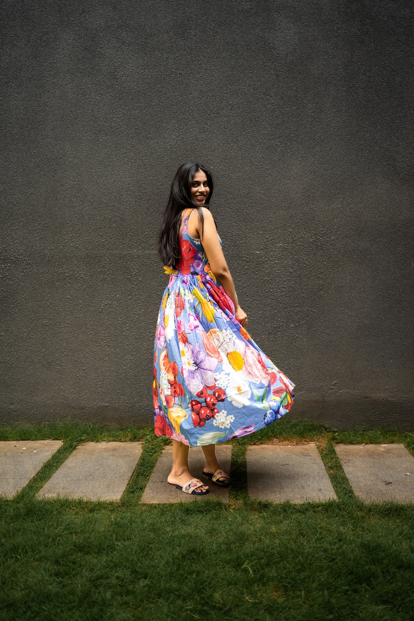 custom floral print dress, handmade fashion, travel-ready outfit, exclusive designer wear, personalized clothing, eco-friendly apparel, sustainable fashion, story-driven design, bespoke prints, emotional branding, boho chic style, resort wear, ethical fashion India, limited edition clothing, confident style, wearable art, anniversary outfit, birthday fashion gift, slow fashion collection, expressive design, bhavika devarapalli, fruvee, blue cotton dress