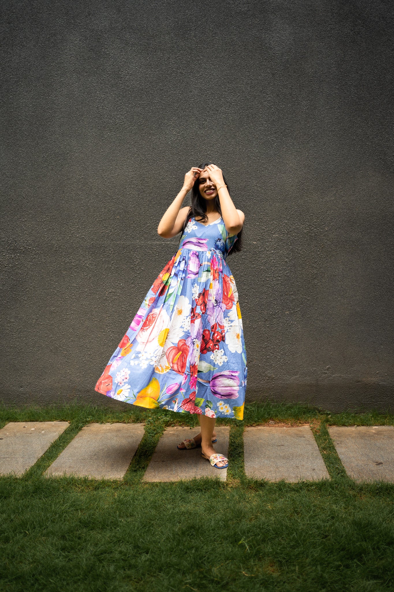 custom floral print dress, handmade fashion, travel-ready outfit, exclusive designer wear, personalized clothing, eco-friendly apparel, sustainable fashion, story-driven design, bespoke prints, emotional branding, boho chic style, resort wear, ethical fashion India, limited edition clothing, confident style, wearable art, anniversary outfit, birthday fashion gift, slow fashion collection, expressive design, bhavika devarapalli, fruvee, blue cotton dress