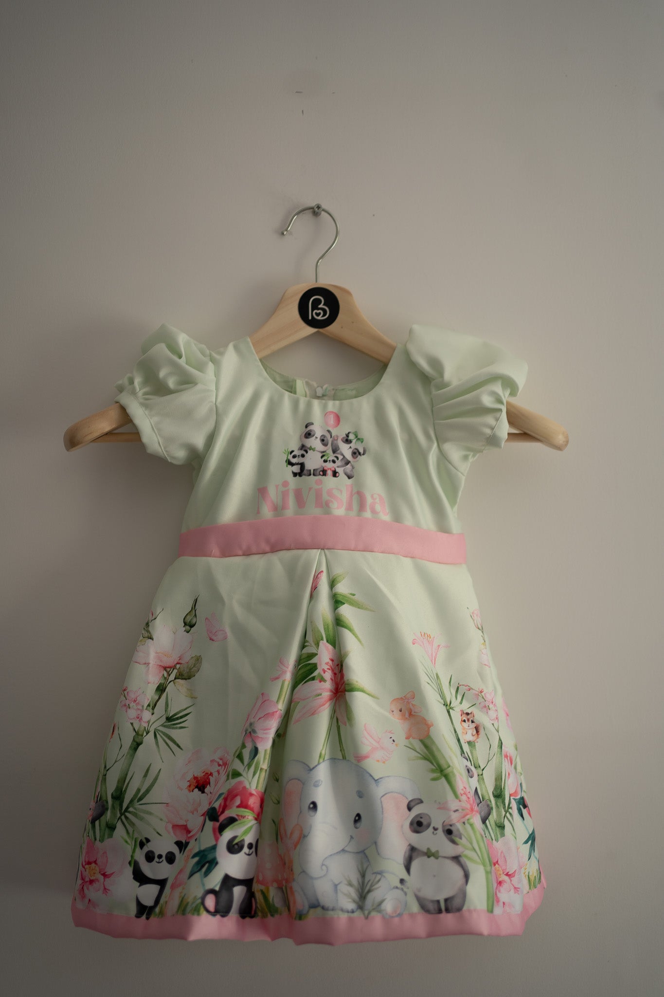 Panda wonderland theme mint green kids birthday frock