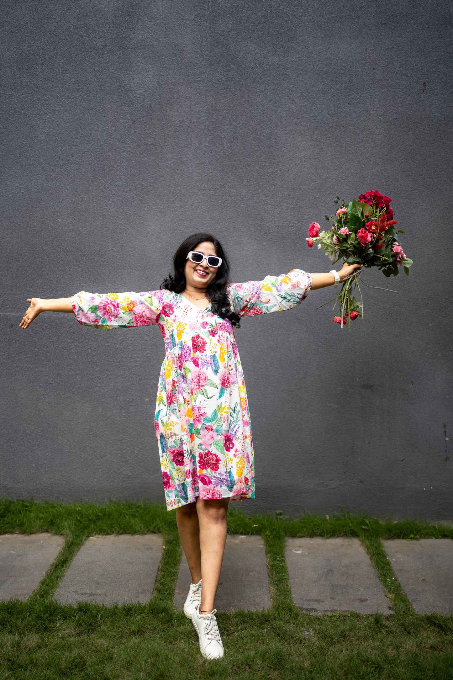Bhavika Devarapalli mid length dress , Floral print, Designer frocks, Best designer dress, black mid length dress, top Indian Designer dresses, frocks, Indian casual wea, Best Designer collection, white cotton frock, black floral dress, white cotton printed Dress, white dress, floral prints,cotton floral dress