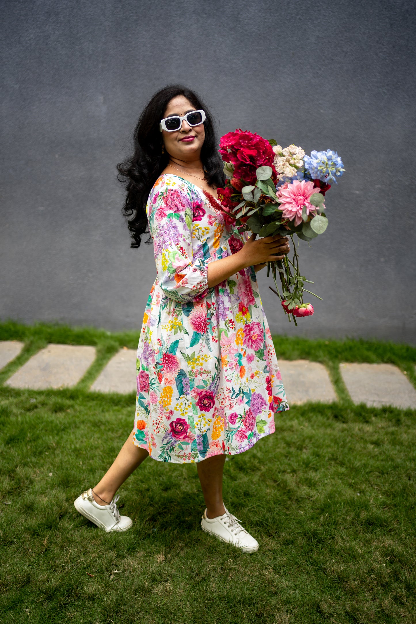 Bhavika Devarapalli mid length dress , Floral print, Designer frocks, Best designer dress, black mid length dress, top Indian Designer dresses, frocks, Indian casual wea, Best Designer collection, white cotton frock, black floral dress, white cotton printed Dress, white dress, floral prints,cotton floral dress