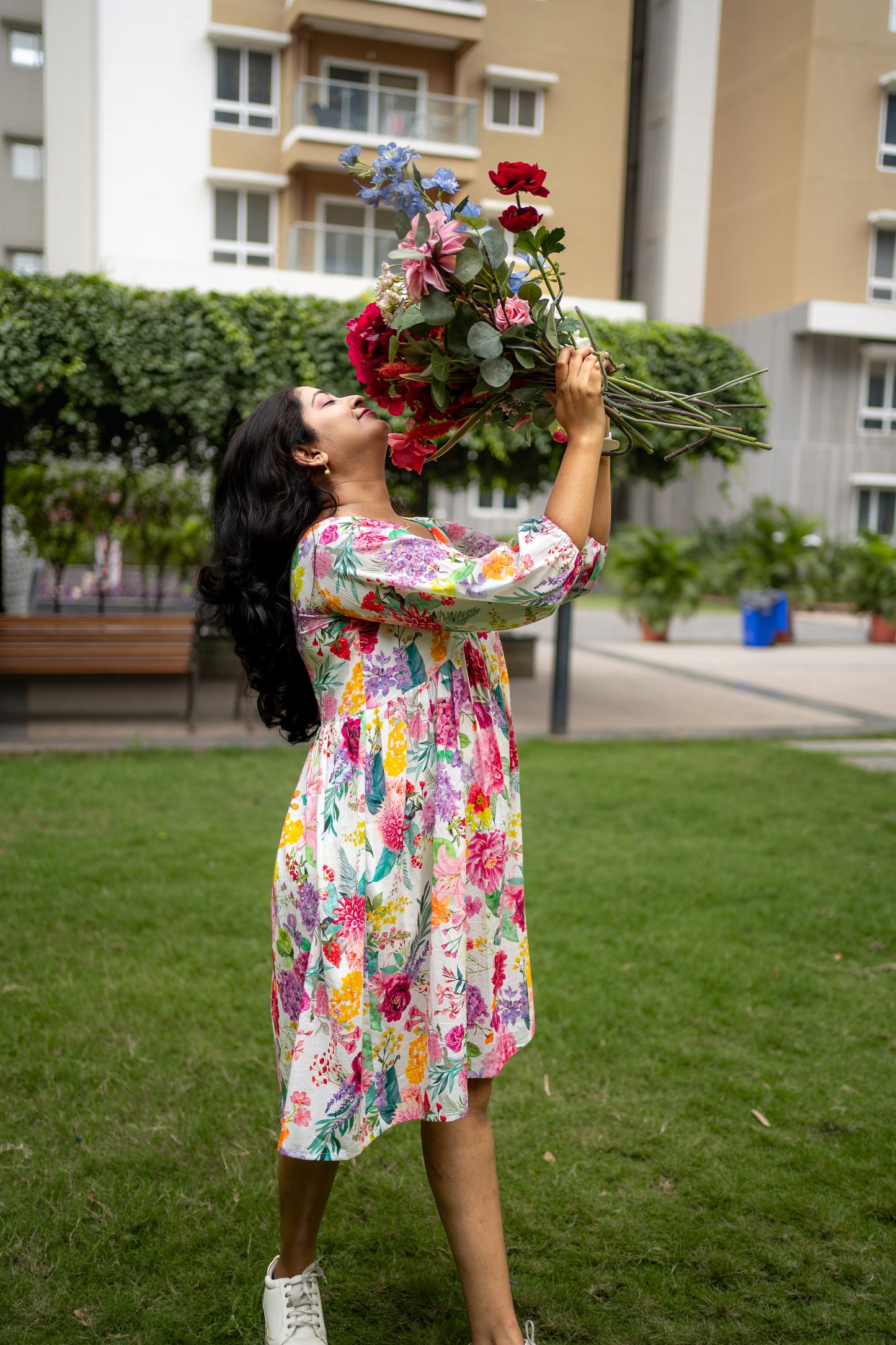 Bhavika Devarapalli mid length dress , Floral print, Designer frocks, Best designer dress, black mid length dress, top Indian Designer dresses, frocks, Indian casual wea, Best Designer collection, white cotton frock, black floral dress, white cotton printed Dress, white dress, floral prints,cotton floral dress
