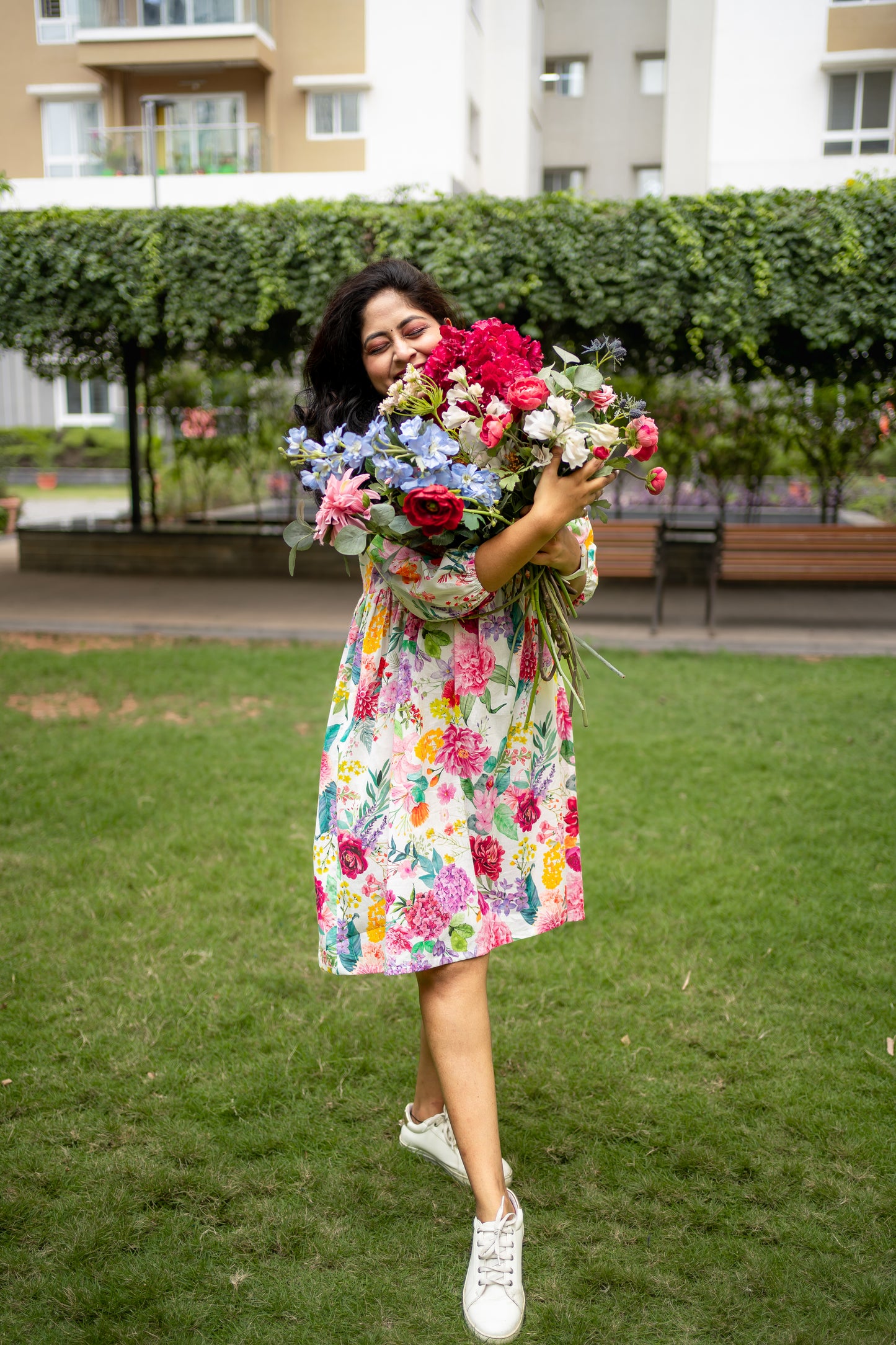 Bhavika Devarapalli mid length dress , Floral print, Designer frocks, Best designer dress, black mid length dress, top Indian Designer dresses, frocks, Indian casual wea, Best Designer collection, white cotton frock, black floral dress, white cotton printed Dress, white dress, floral prints,cotton floral dress