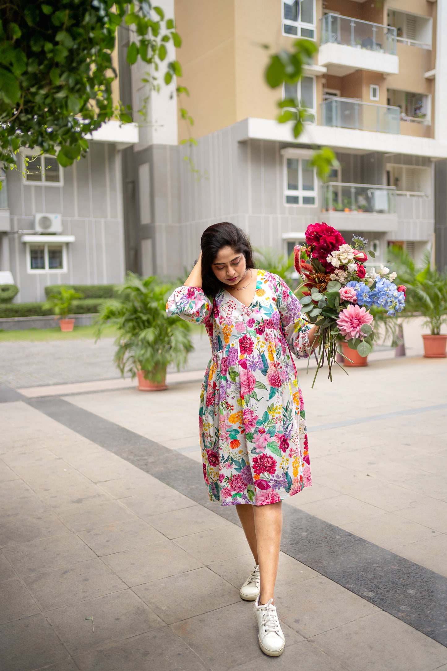 Bhavika Devarapalli mid length dress , Floral print, Designer frocks, Best designer dress, black mid length dress, top Indian Designer dresses, frocks, Indian casual wea, Best Designer collection, white cotton frock, black floral dress, white cotton printed Dress, white dress, floral prints,cotton floral dress