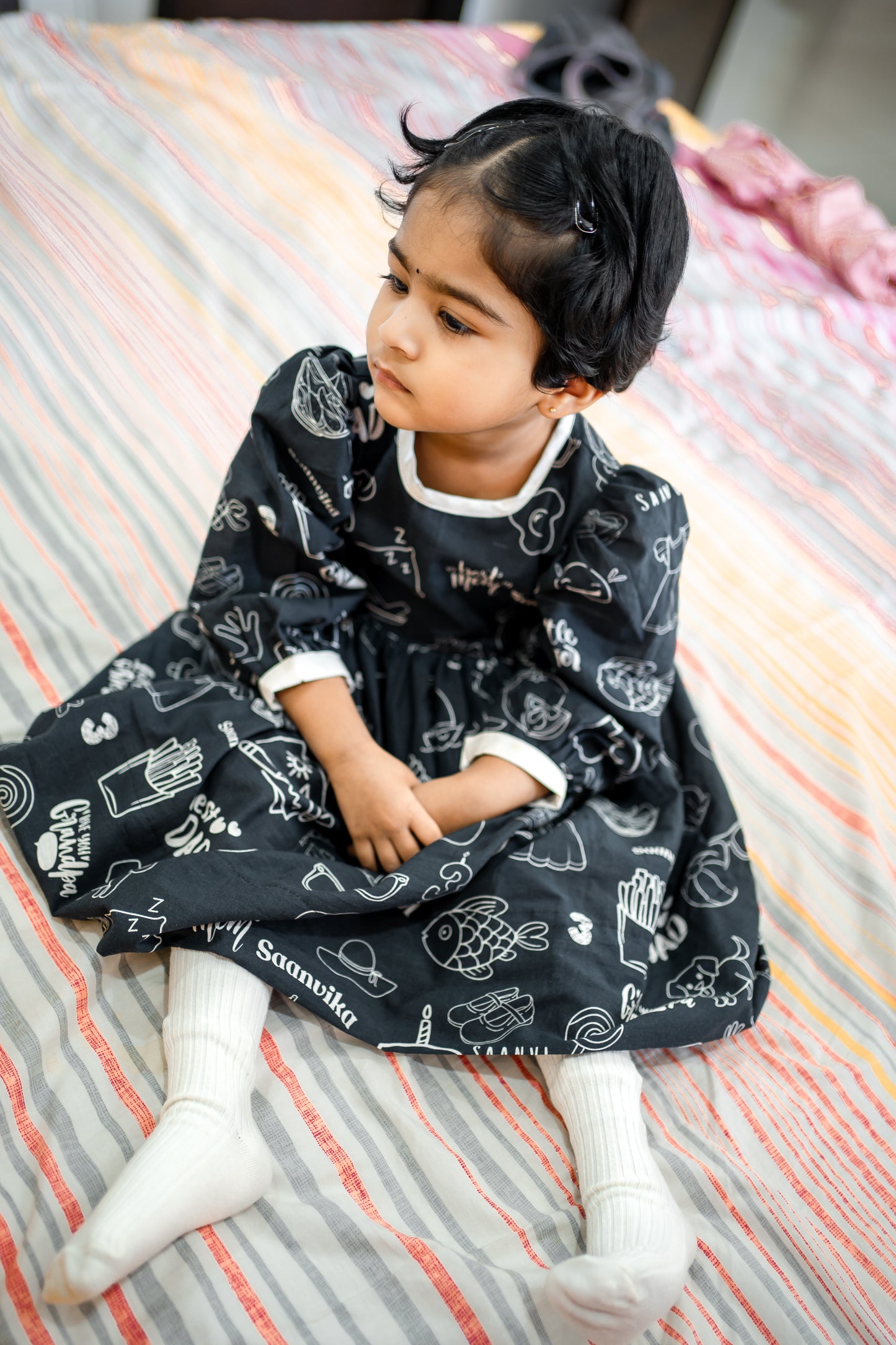 Bhavika Devarapalli Cotton frock, Floral print, Designer cotton frock, birthday theme, kids printed frocks, Best designer kids frock, top Indian Designer kids collection, Best Designer collection, black and white printed frock, doodles dress, doodles frock.