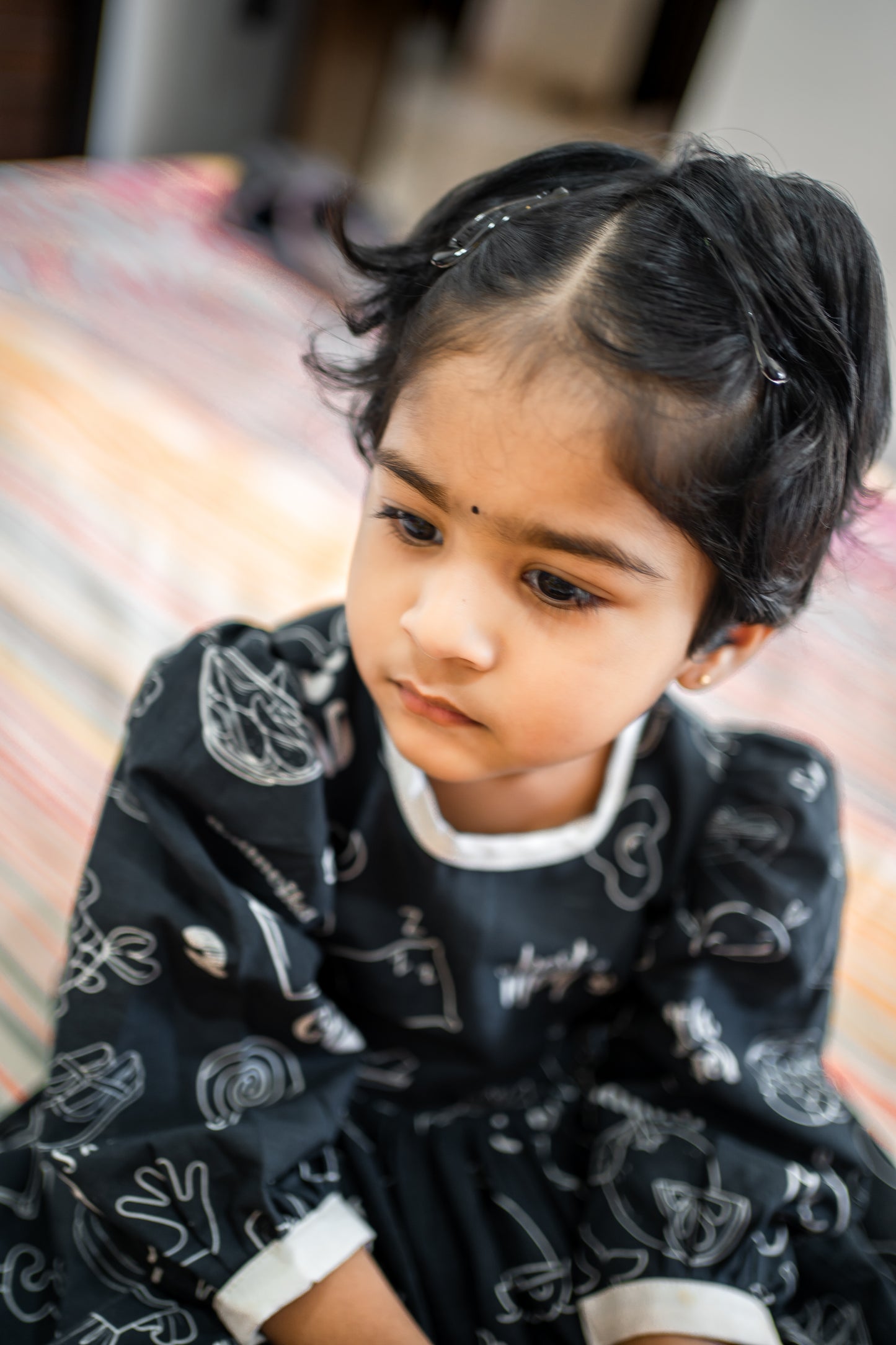 Bhavika Devarapalli Cotton frock, Floral print, Designer cotton frock, birthday theme, kids printed frocks, Best designer kids frock, top Indian Designer kids collection, Best Designer collection, black and white printed frock, doodles dress, doodles frock.