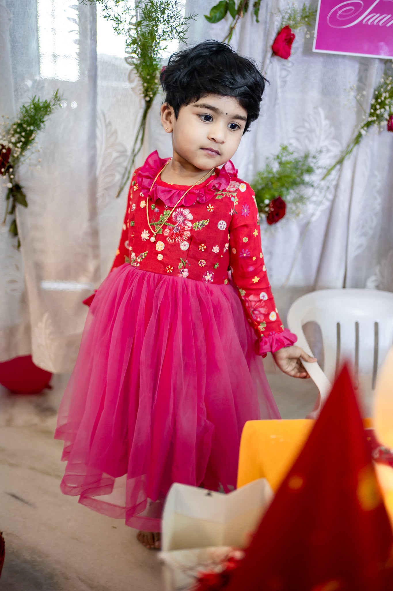 Birthday Floral theme Red and pink kids frock