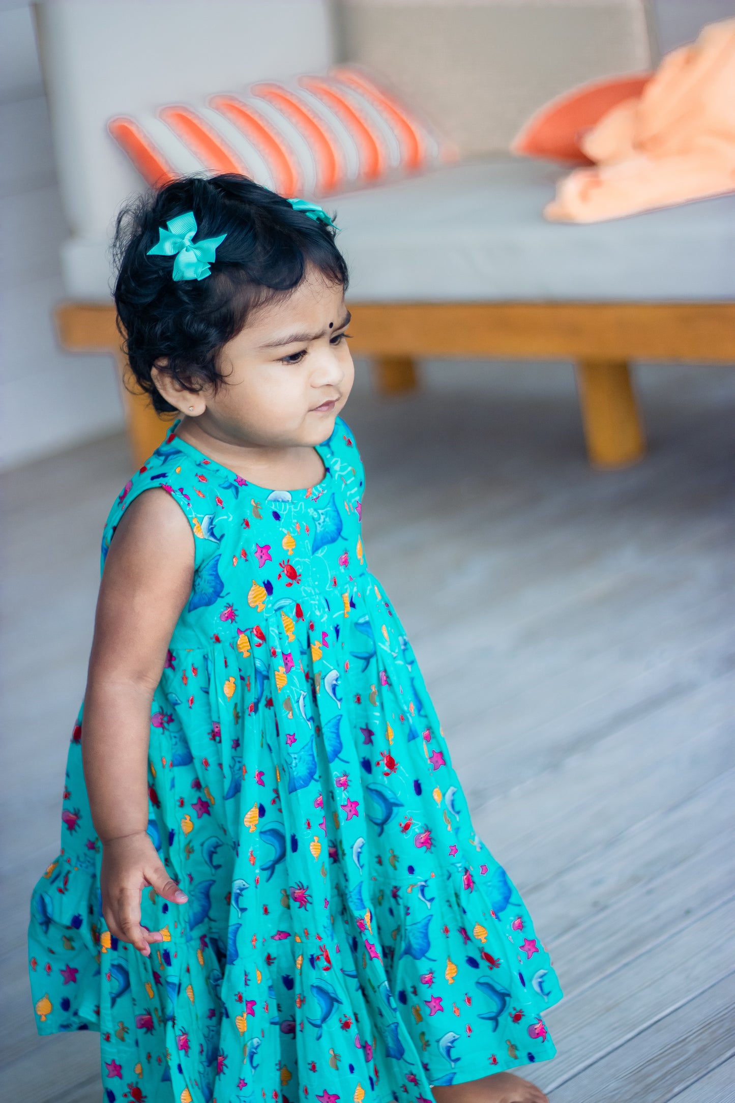 Bhavika Devarapalli Cotton frock, Floral print, Designer cotton frock, ocean theme, kids printed frocks, Best designer kids frock, top Indian Designer kids collection, Best Designer collection. blue printed frock